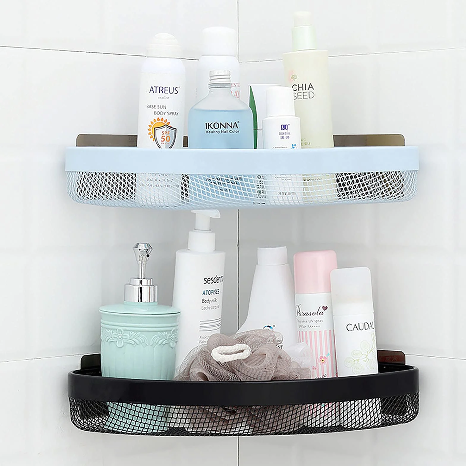 exquisitos estantes de baño Esquina de baño Estante de Ducha de Esquina Estante de Ducha montado en la Pared Adhesivo Cesta de Carrito de Ducha para Ducha/Azul