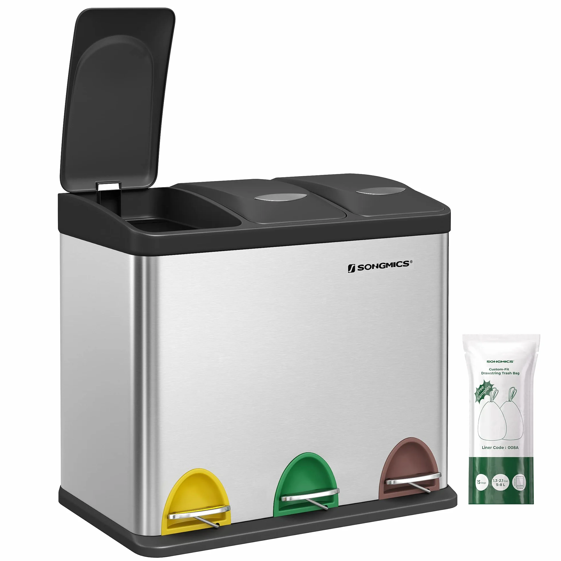 SONGMICS Cubo de Basura de Cocina, Basurero Clasificador 3 x 8 L, Capacidad Pequeña, con Tapas, Triple Cubo de Acero para Familias Pequeñas, Pedales y Cubos, Plata y Negro LTB24L
