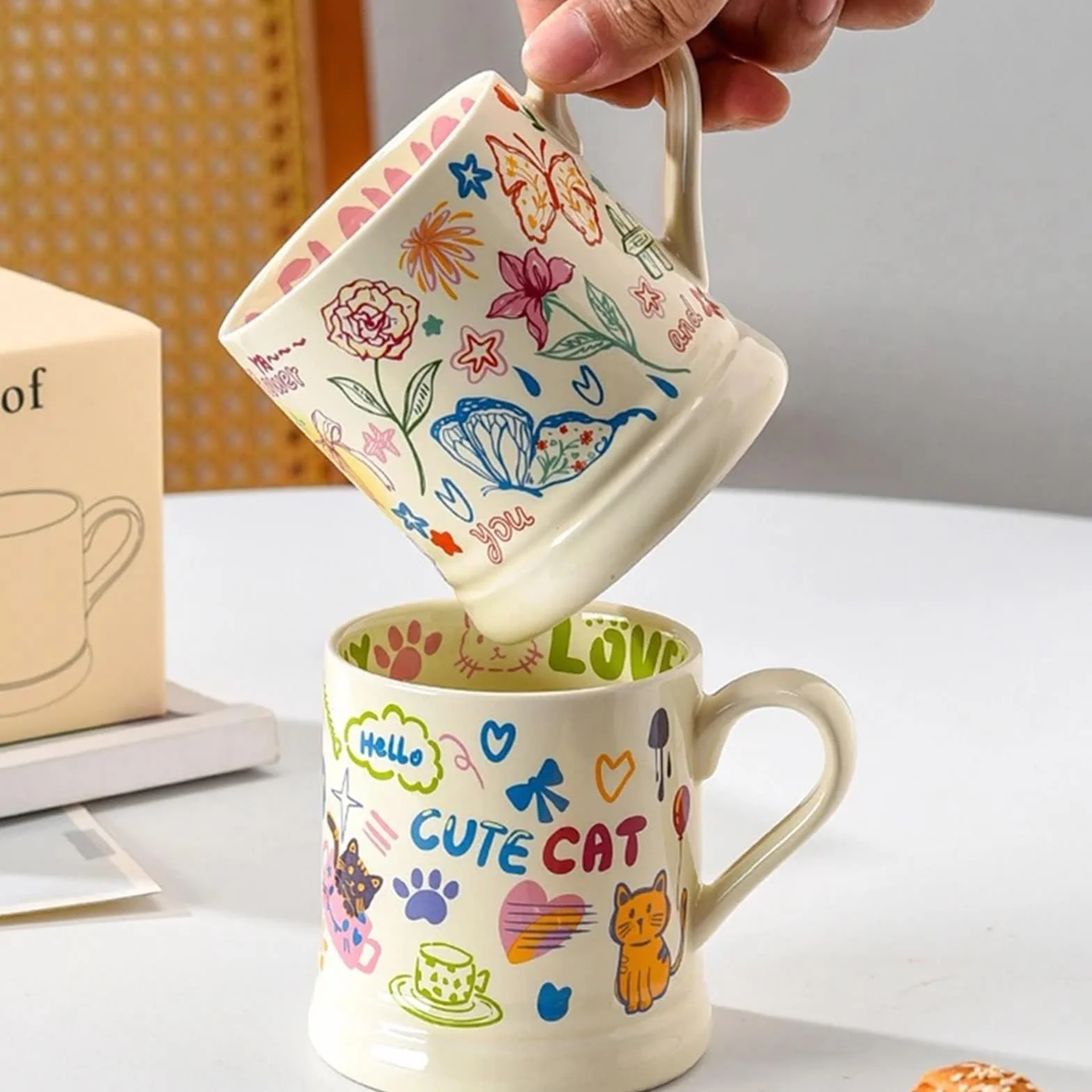 Tazas con Estampado de Flores, 2 uds., 370ml, Taza de café Creativa, Taza for Beber, Desayuno, Leche, Zumo, Grafiti Bonito, Taza de Agua for el hogar para Café y Leche
