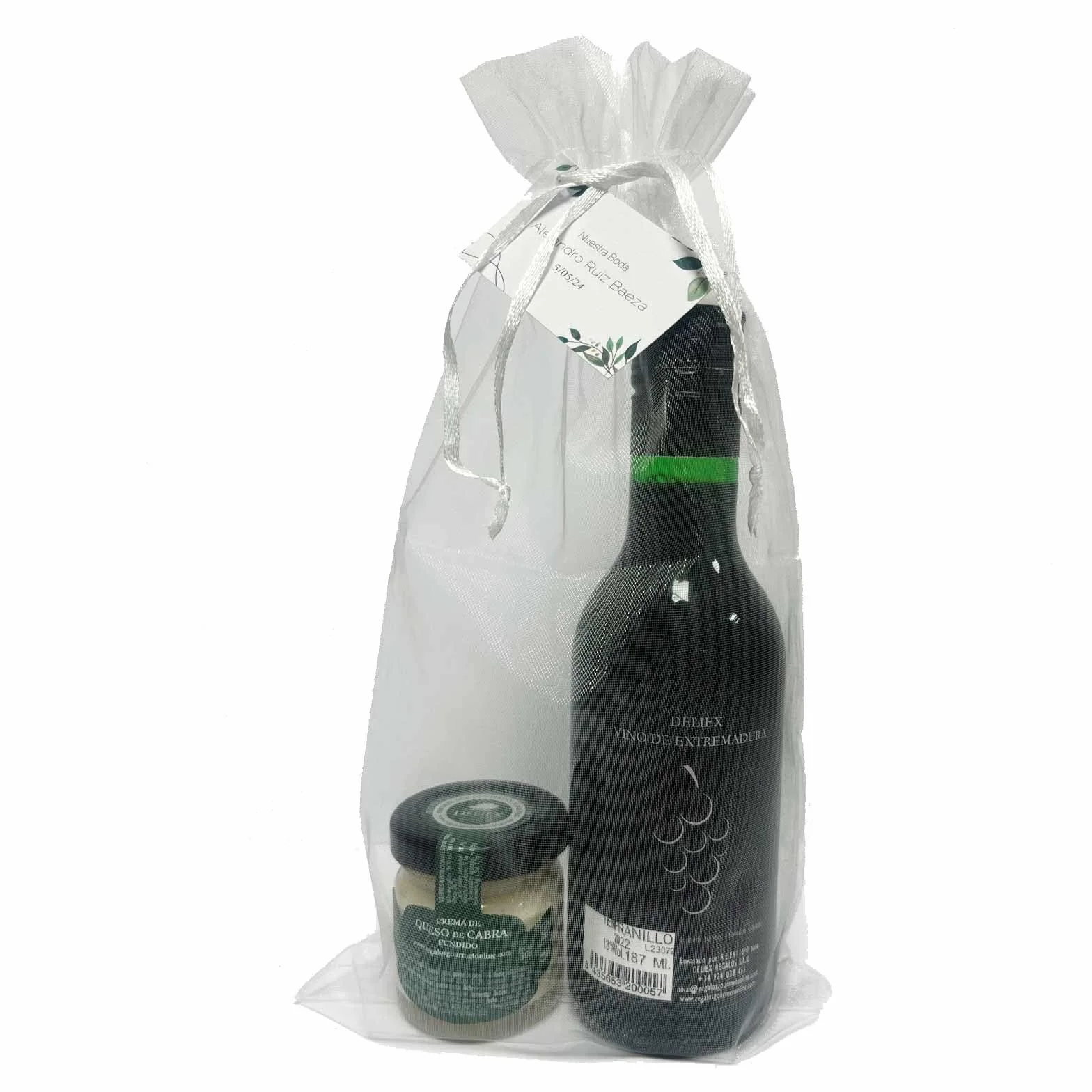 Lote de vino tinto tempranillo con tarro gourmet de queso de cabra de 30 g cristal en bolsa de organza para invitados (Pack 24 ud)