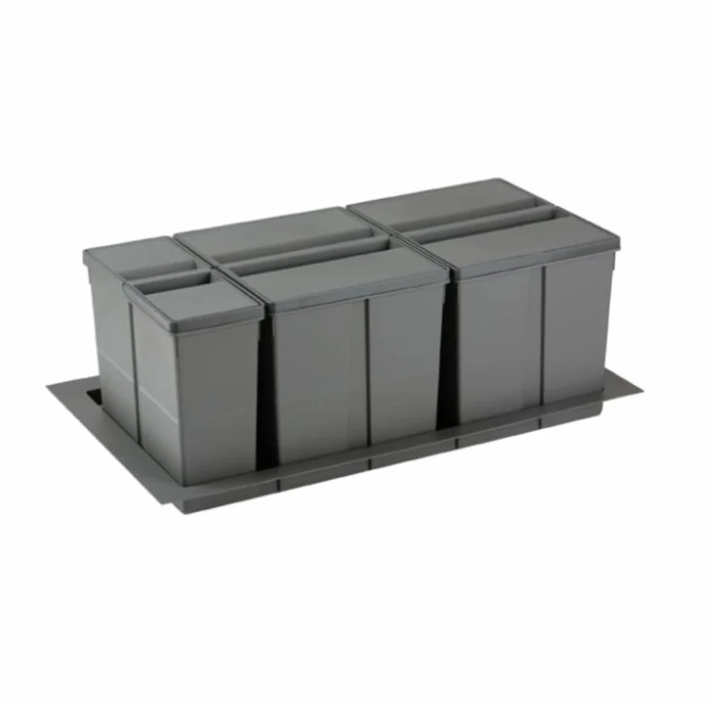 AZERODESIGN - Cubo de Reciclaje para Interior - 2 Cubos de 26L y 1 Cubo de 11L - Ancho Módulo 90-27,7x49x84 cm - Base Recortable en Anchura y Fondo - Color Antracita - Material de Plástico PVC