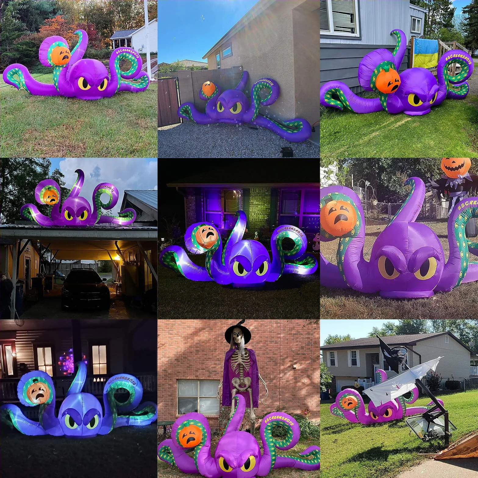 Pulpo Inflable Gigante Violeta de 360 cm, Calabaza pegajosa, con 7 Luces LED integradas, Pulpo Inflable para Fiestas de Halloween al Aire Libre, Patio, jardín, decoración de césped