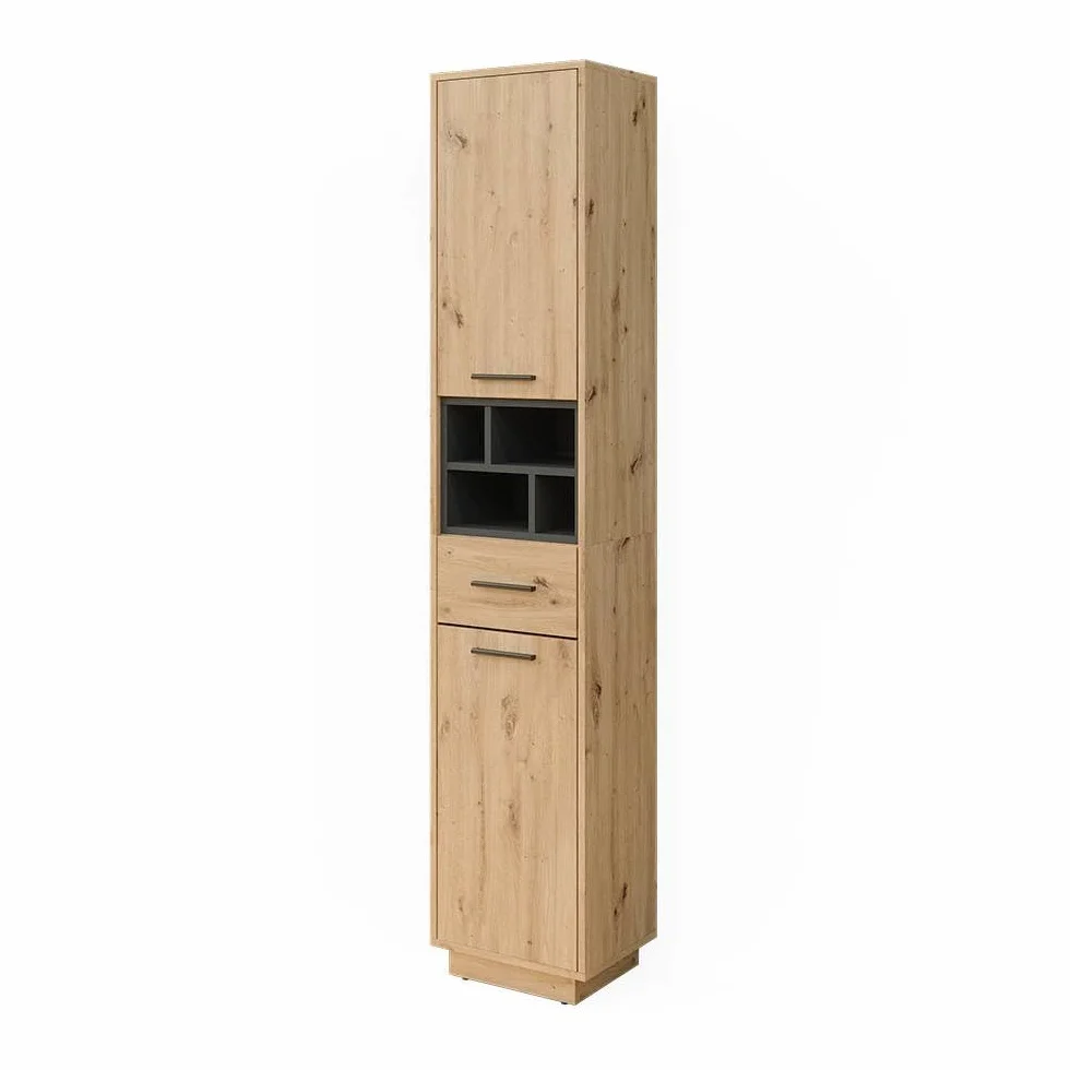 Vicco Armario de baño Beatrice, Roble Artesanal/Antracita, 38 x 190 cm con Puertas, cajón, para el Almacenamiento de artículos de baño y Compatible con Beatrice