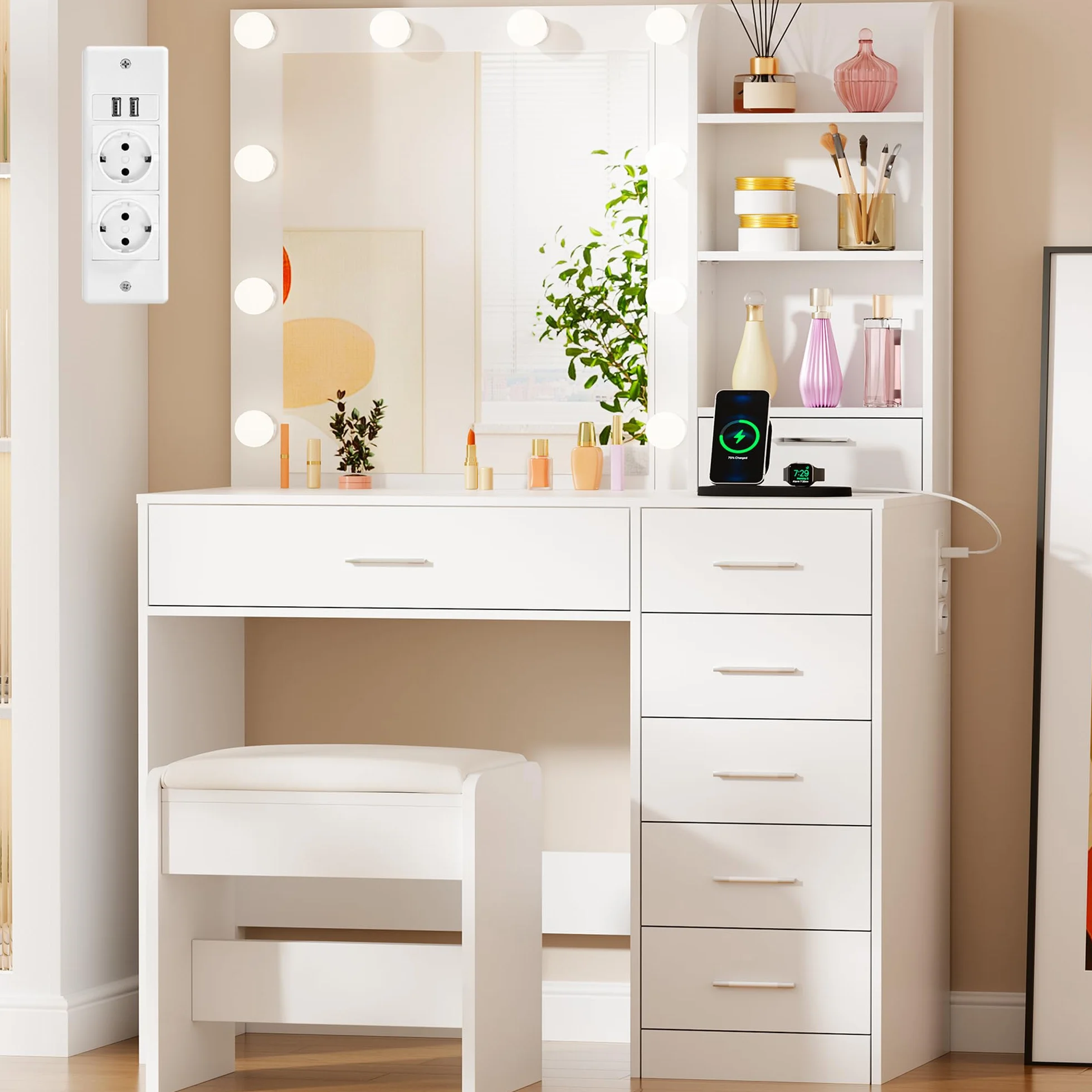 BEWISHOME Tocador de Maquillaje con Espejo Luces LED, Brillo Ajustable,Tocador con Enchufe y Taburete, Mesa de Maquillaje con 7 Cajones y 3 Estantes Abiertos para el Dormitorio, Moderno Blanco EFST51W