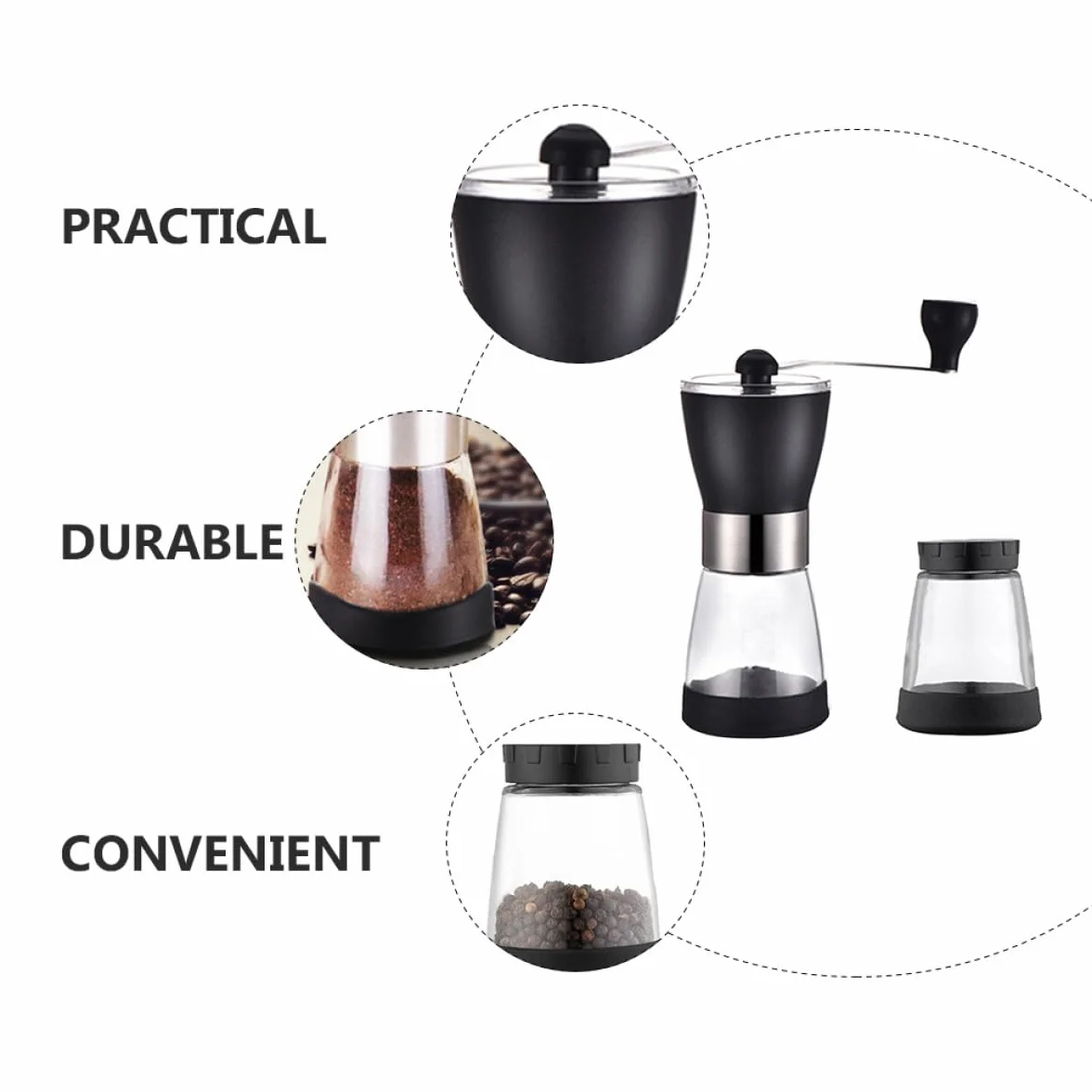 Molinillo de Café Manual Recipiente de Vidrio y Muelas Cerámicas, Silencioso y Ecológico, Adecuado para Granos Cocina o Viajes
