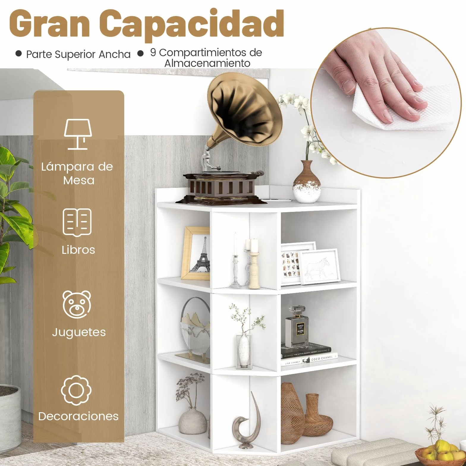 GIANTEX Librería Esquinero de 3 Niveles, Estantería de Almacenamiento con 9 Compartimentos Abiertos, 51 x 71,5 x 86 cm, con Puertos de Carga, Librería Triangular para Salón, Estudio (Blanco)