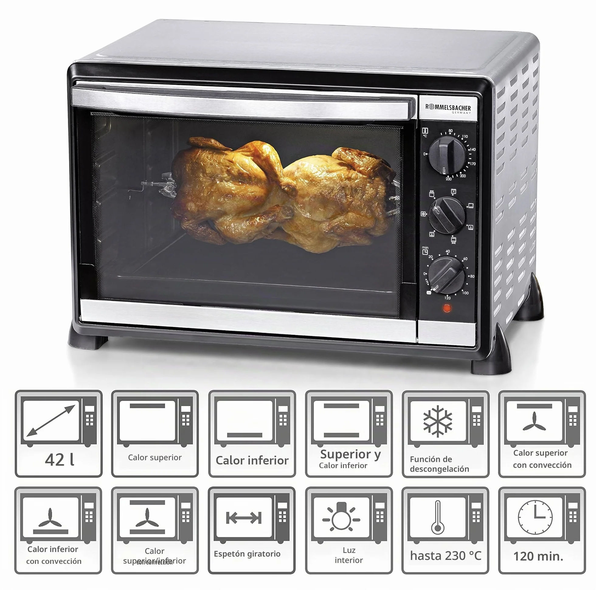 Rommelsbacher BG 1805/E - Horno para asado, 1800 W, color plata