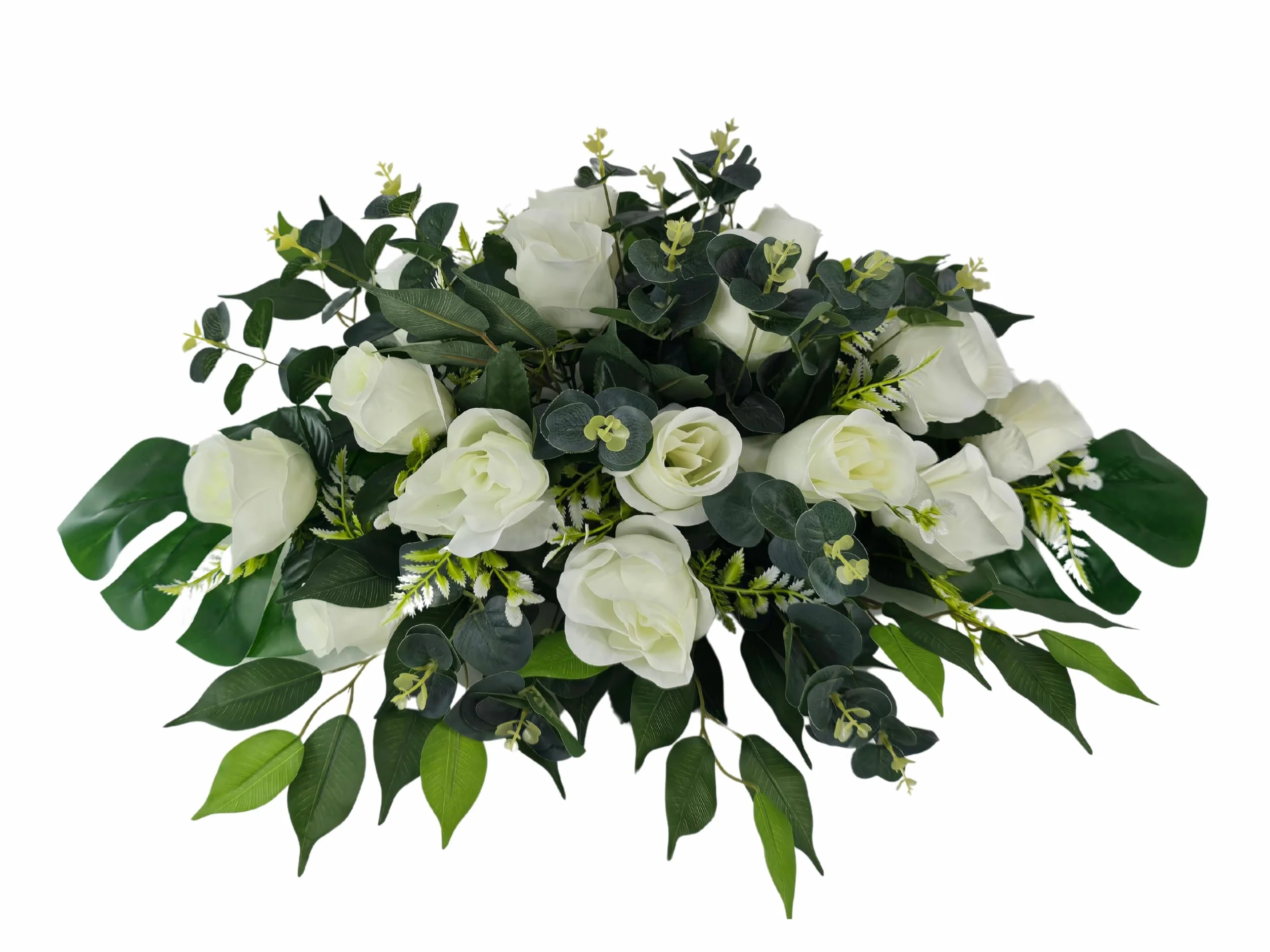 DRW Centro de Flores cojin Cementerio, procesiones, Iglesias Bodas o sepulturas Rosas Blancas y eucalipto Estilo Barco Artificiales 74x50x30