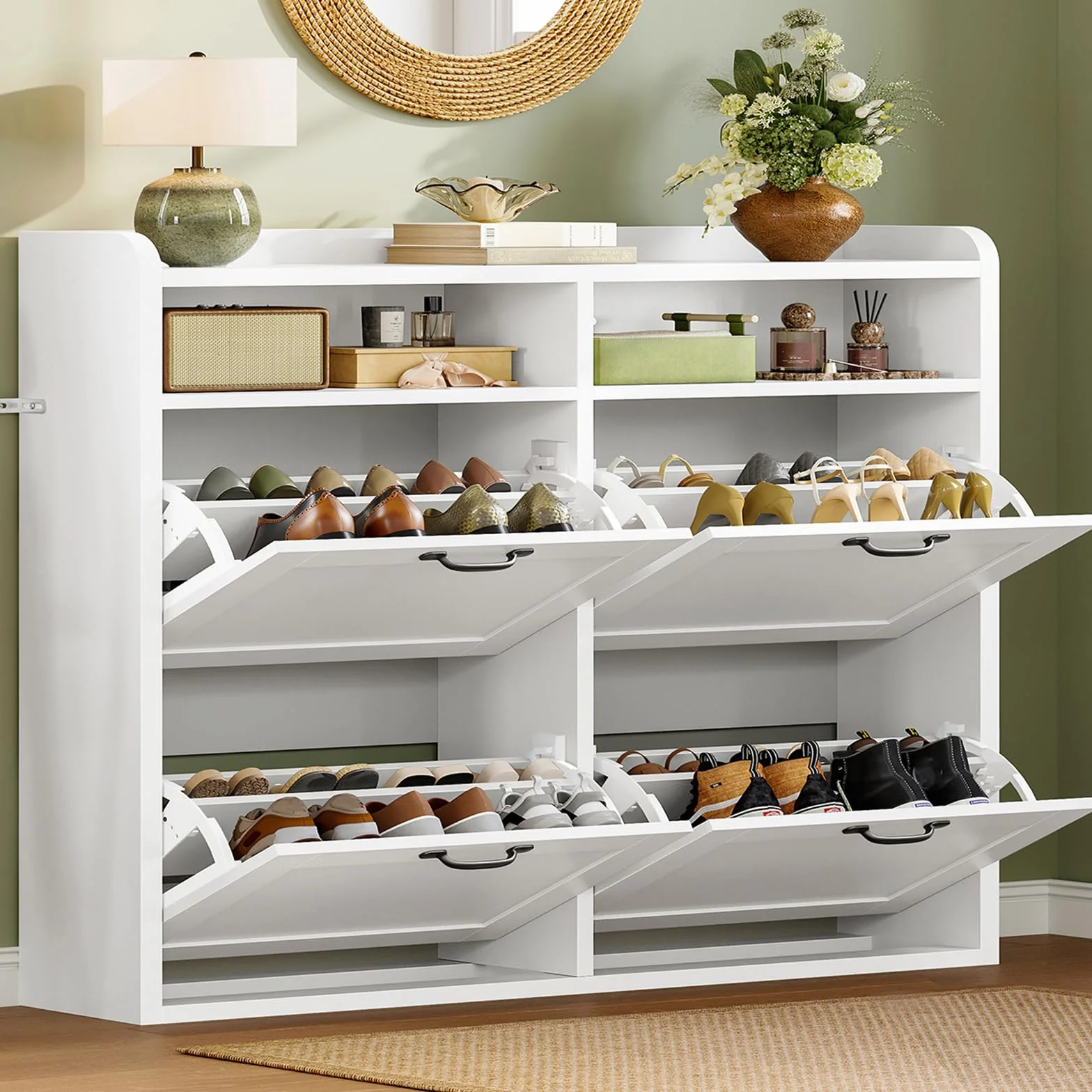 TEENFON Mueble Zapatero Recibidor Estrecho–105cm de Ancho, Armario Zapatero con 4 Solapas y 2Compartimentos Abiertos, Estantes Ajustables, para16–24Pares de Zapatos, Apto para Pasillo,Recibidor,Blanco