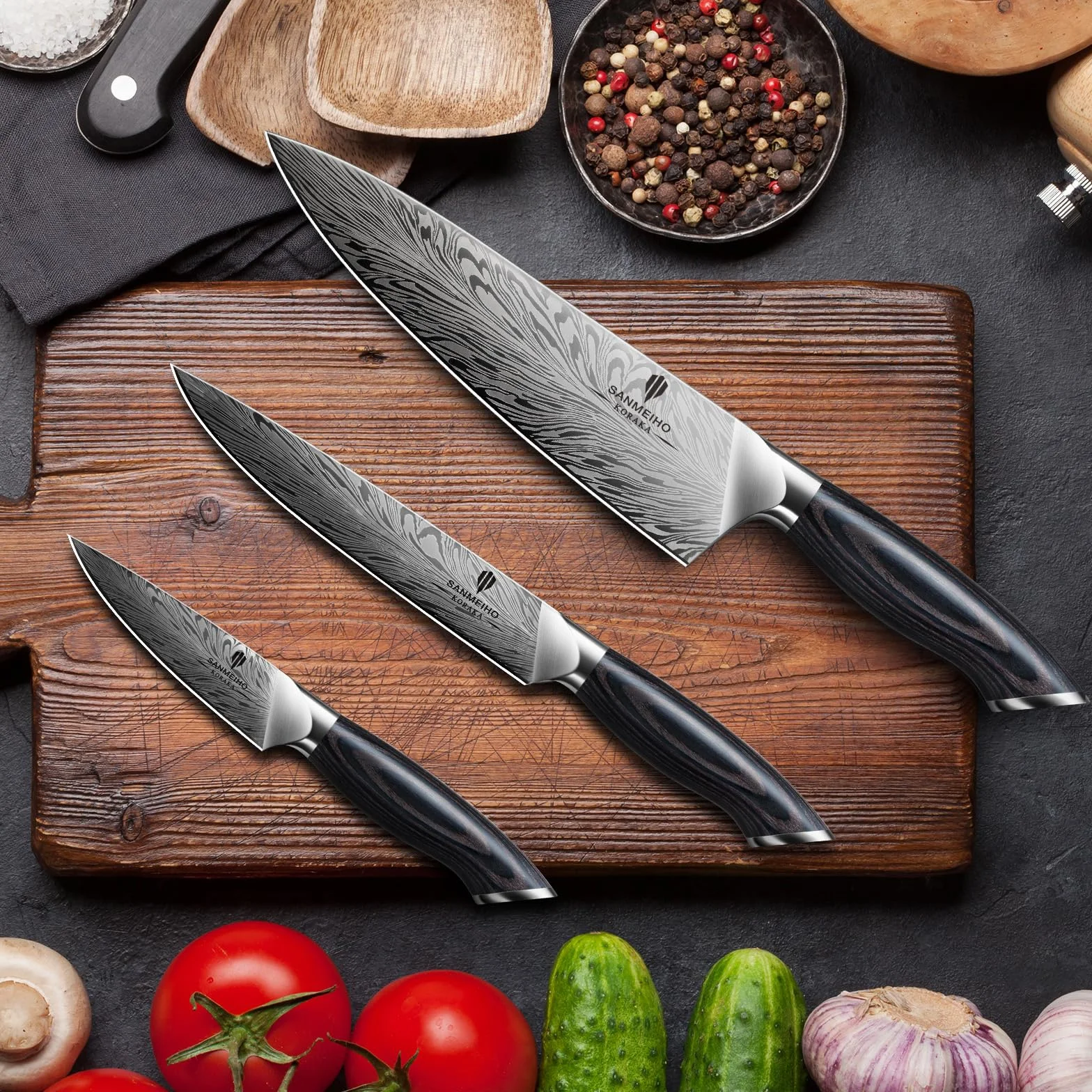 SANMEIHO Set Cuchillos de Cocina Acero en Polvo 3 Piezas, Cuchillos de Chef | Juego de Cuchillos Cocina Ultra Afilados con Cuchillo Multiusos y Puntilla, Mango de Madera Ergonomico para Carne y Fruta