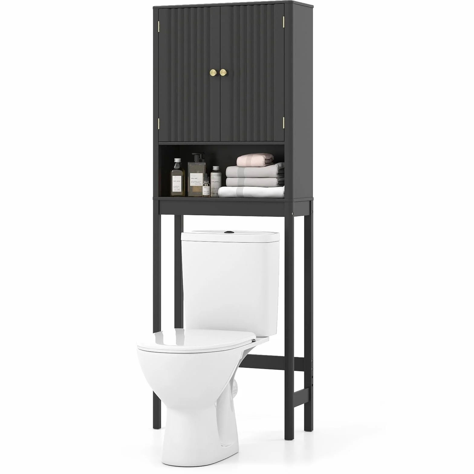 COSTWAY Mueble sobre Inodoro, Mueble de Baño con Puertas Acanaladas, Estante Ajustable en 3 Posiciones y Barra Inferior Ajustable en 3 Niveles,Armario Alto sobre el Inodoro con Almacenamiento (Negro)