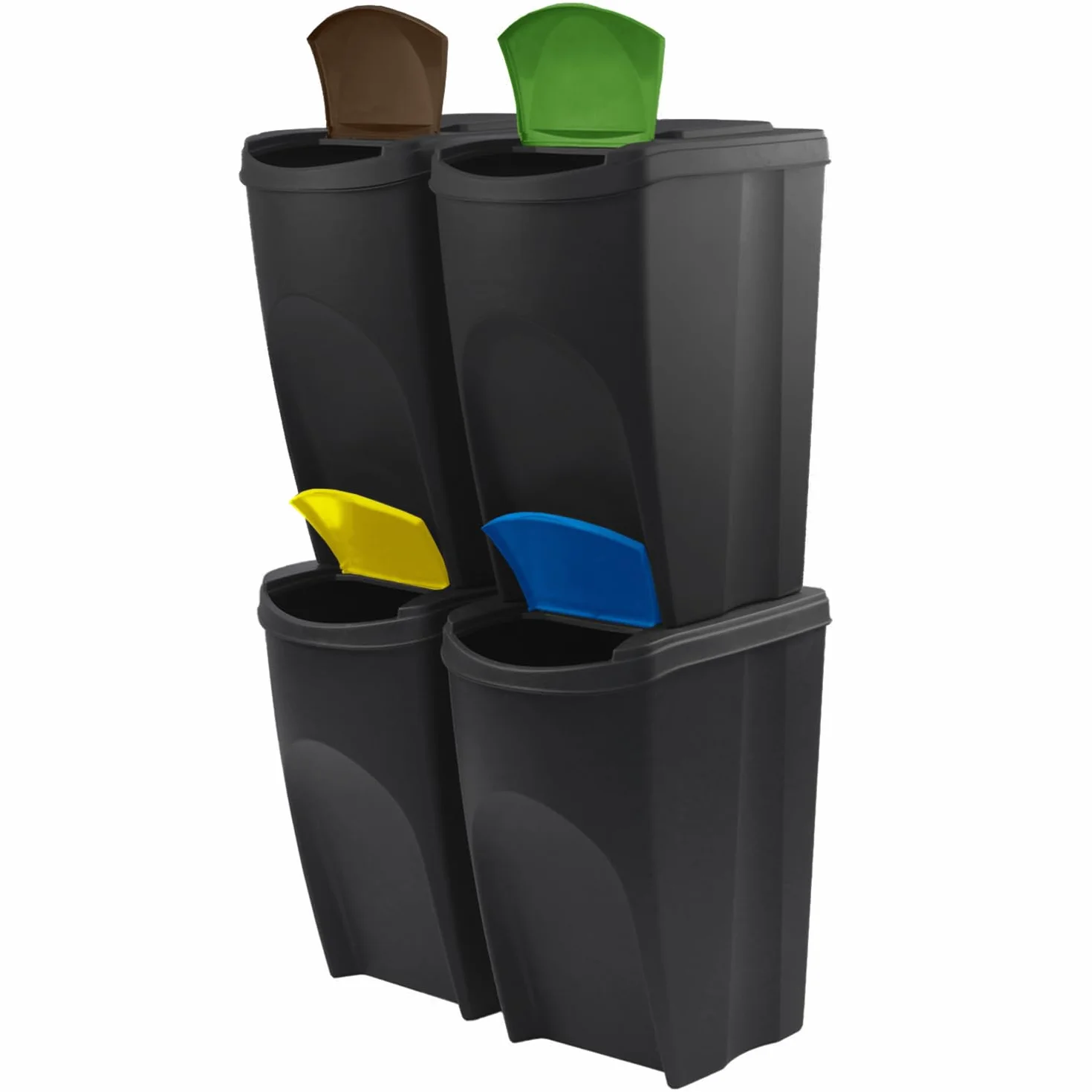 Juego de 4 cubos de basura Sortibox | Negros | Apilables | Reciclaje diferenciado | de plástico | 140 litros (4 x 35 L) | para casa interior