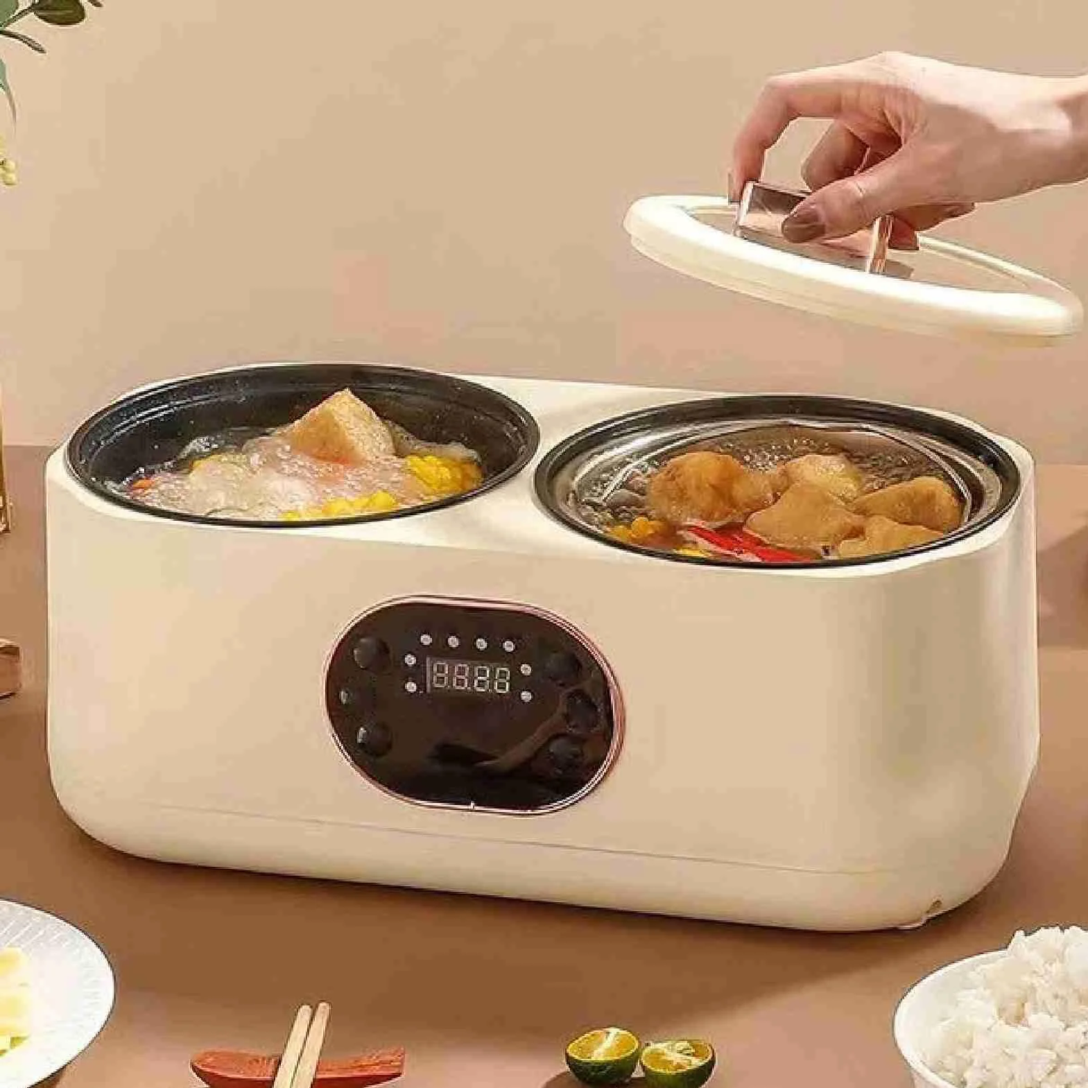 Olla de Cocción Lenta Dual Doble 2 Ollas, Calentador de Alimentos, Aislamiento Inteligente Automático, Multifuncional Desmontable