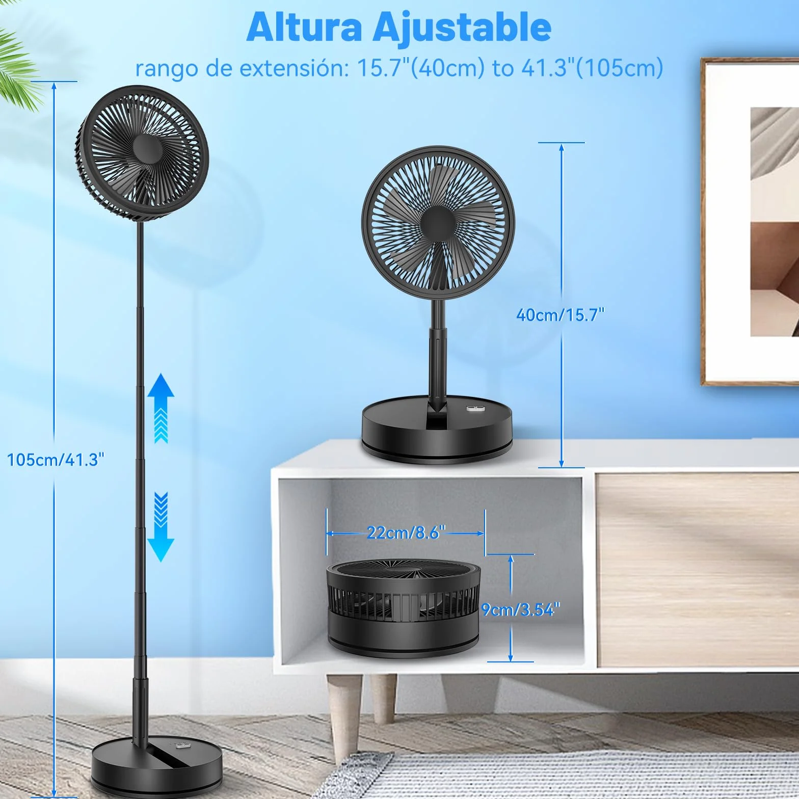 Ventilador de Pie Portatil Silencioso - 8,6" Recargable Fan | Plegable, Oscilante, 4 Velocidades, Temporizador, 8000mAh Bateria, Mando a Distancia. Ideal para Dormir Oficina Camping