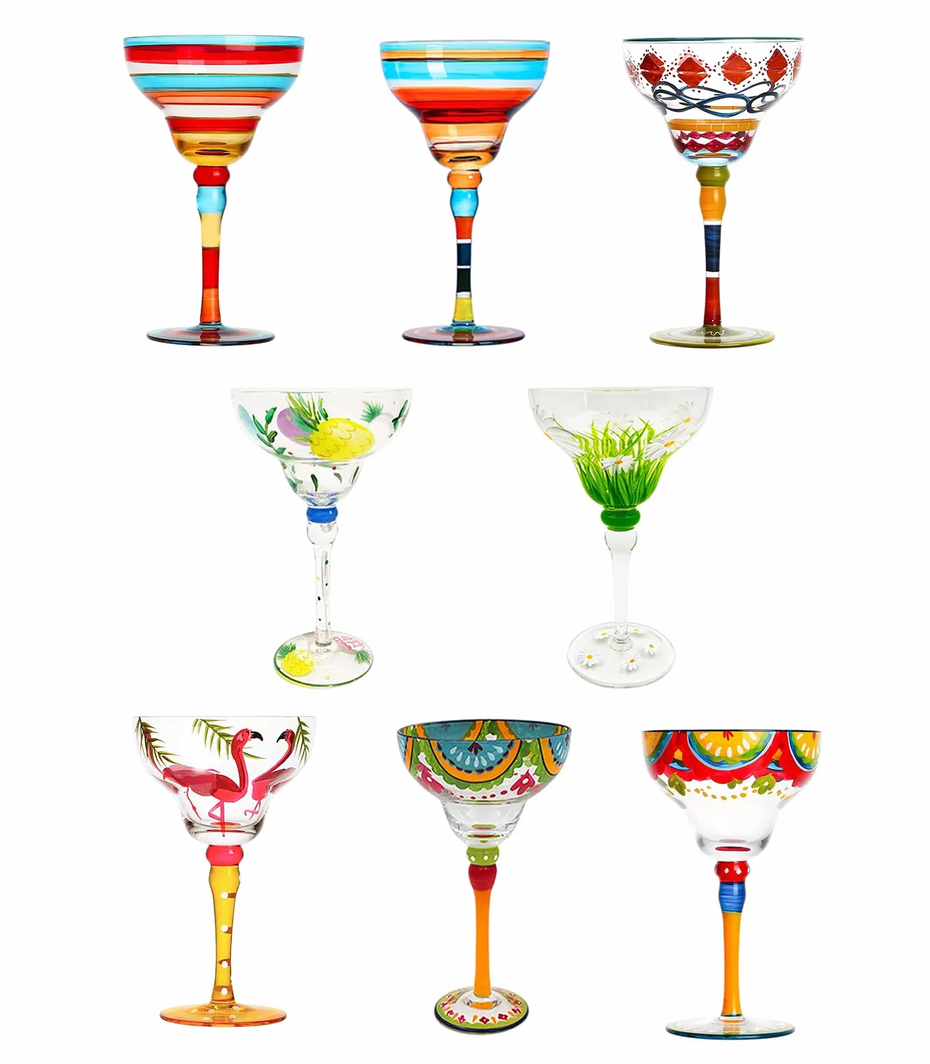 Vaso Copa Margarita Pintado, Colección Mexicana Vasos Margarita Sin Tallo Juego De Copas Único/Decorativo Cristalería Soplada A Mano Vasos Margarita,8pcs