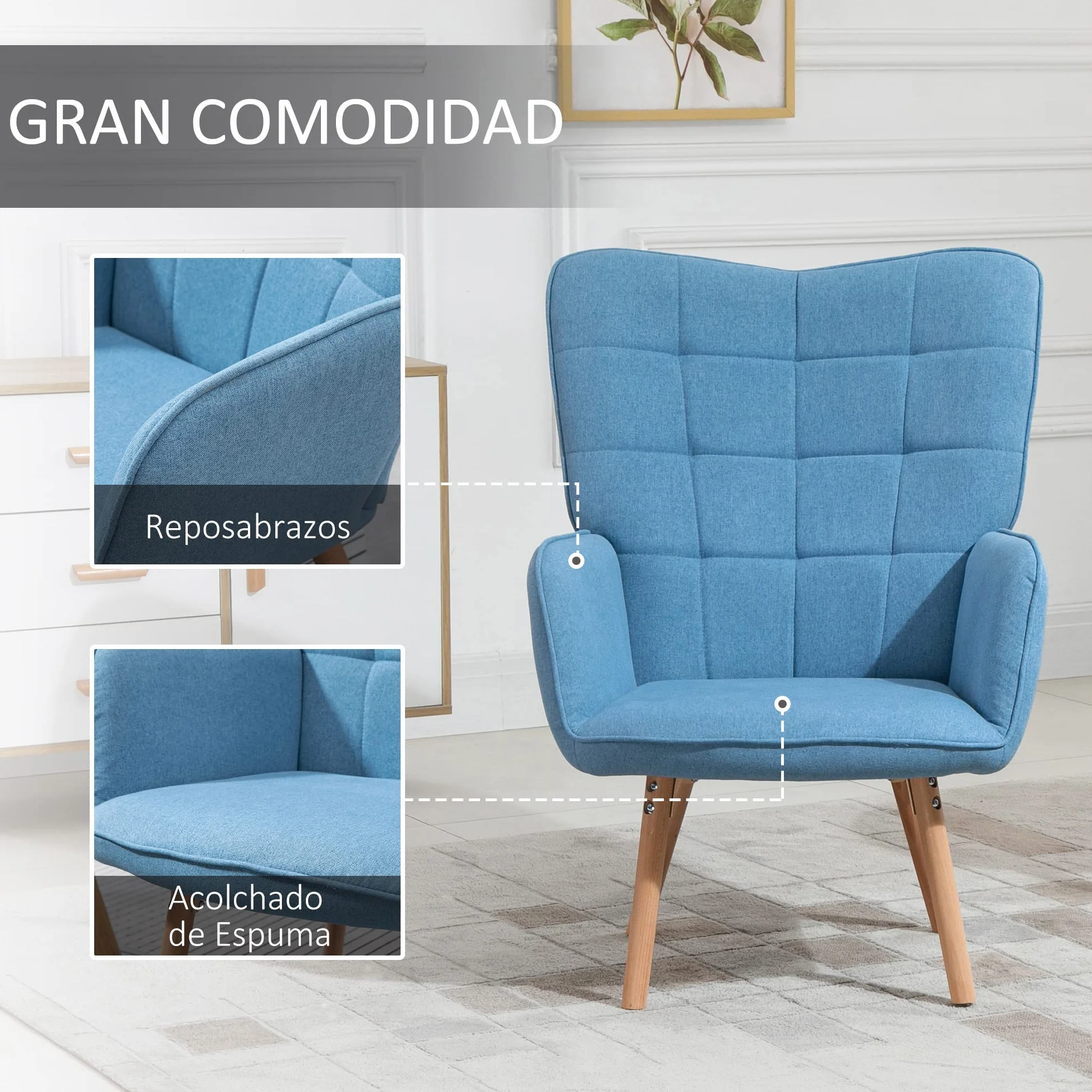 HOMCOM Sillón de Salón Moderno Butaca con Respaldo Alto 71x76x101 cm Azul | Butaca de Dormitorio, Reposabrazos, Tela de Lino, Patas de Madera, para Sala de Estar