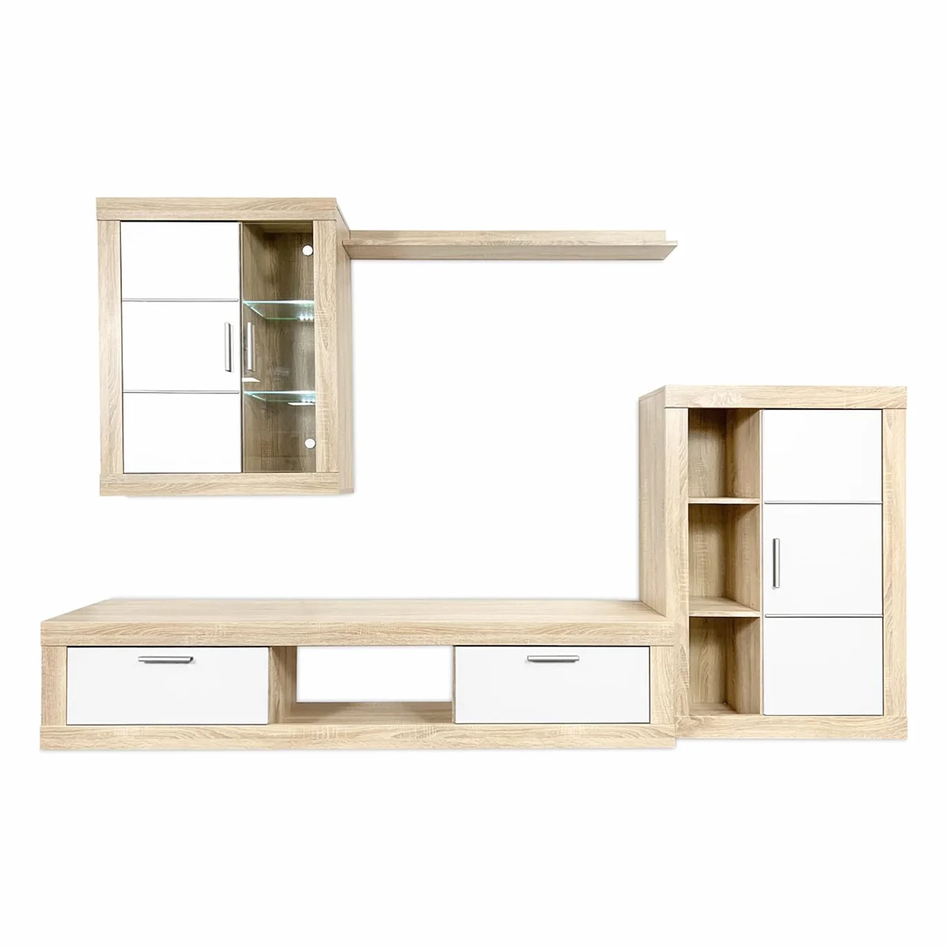 amuéblate Online - Mueble de Salón Moderno con Leds, Módulos de Comedor, Modelo Apolo, Acabado en Blanco y Cambria, Medidas: 259 cm (Ancho) x 132,5 cm (Alto) 40 cm (Fondo)