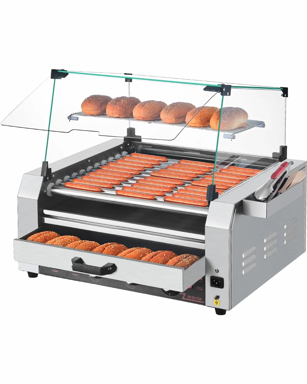 VEVOR Parrilla de Acero Inoxidable para Perros Calientes de 2400 W con Calentador de Panecillos, Cubierta, Control de 3 Temperaturas, Caja de Almacenamiento Lateral, 11 Rodillos, 5 r/min, Plata