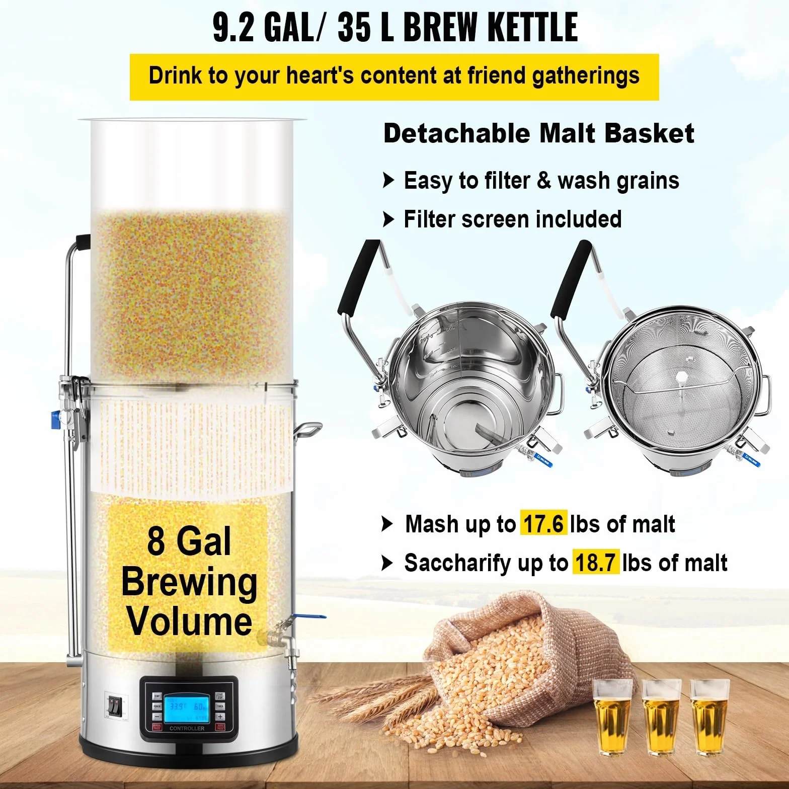 de elaboración de cerveza eléctrica todo en uno de acero inoxidable 304 de 35L con bomba Kit de equipo de elaboración de cerveza