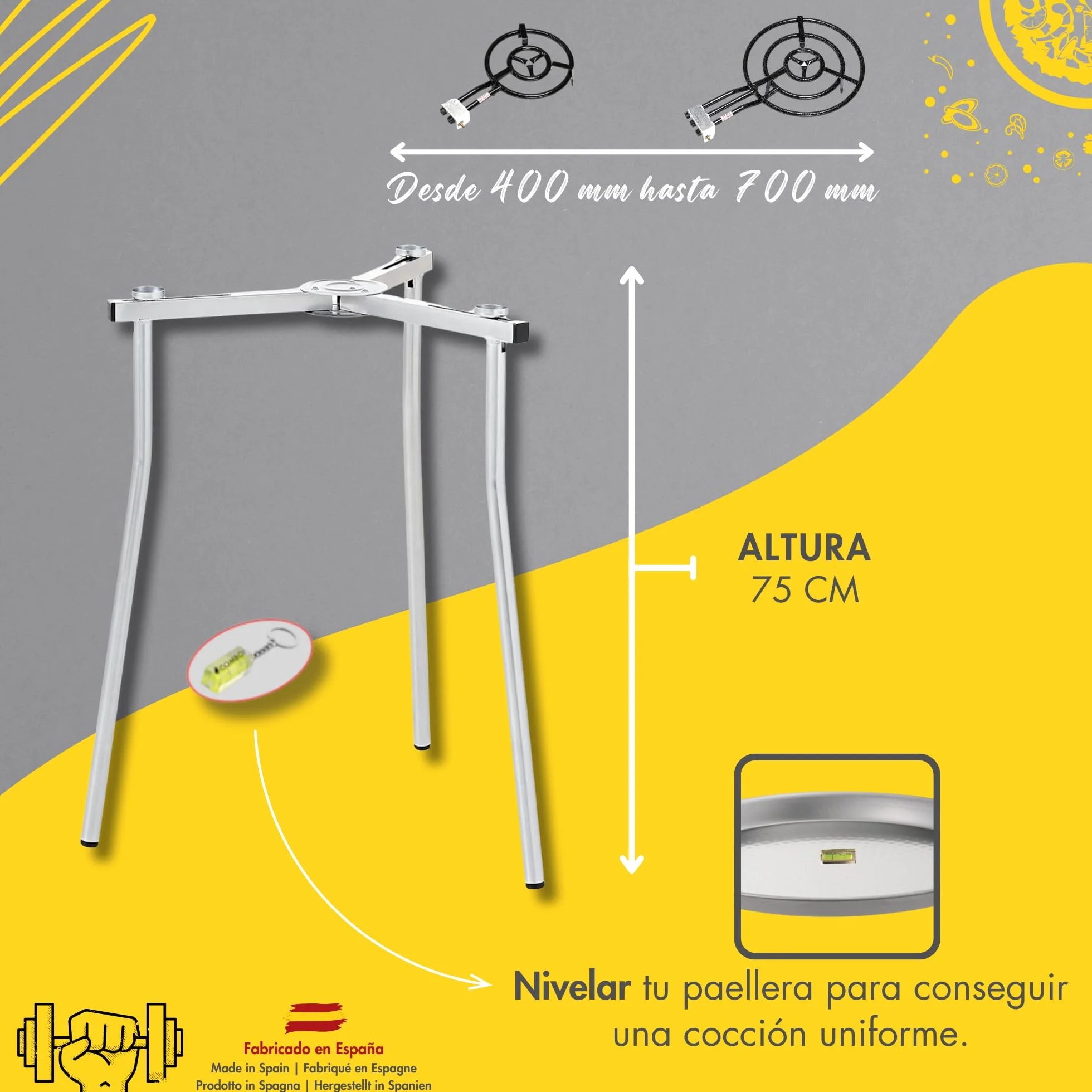 COMBOI Paellero gas butano 50 CM, Paellera de 60 CM, Kit Quemador, Regulador de gas, Manguera, Patas Tripode, Paravientos, nivel, delantal, Libro de Recetas digital (KIT Paellero 50 CM + PARAVIENTOS)
