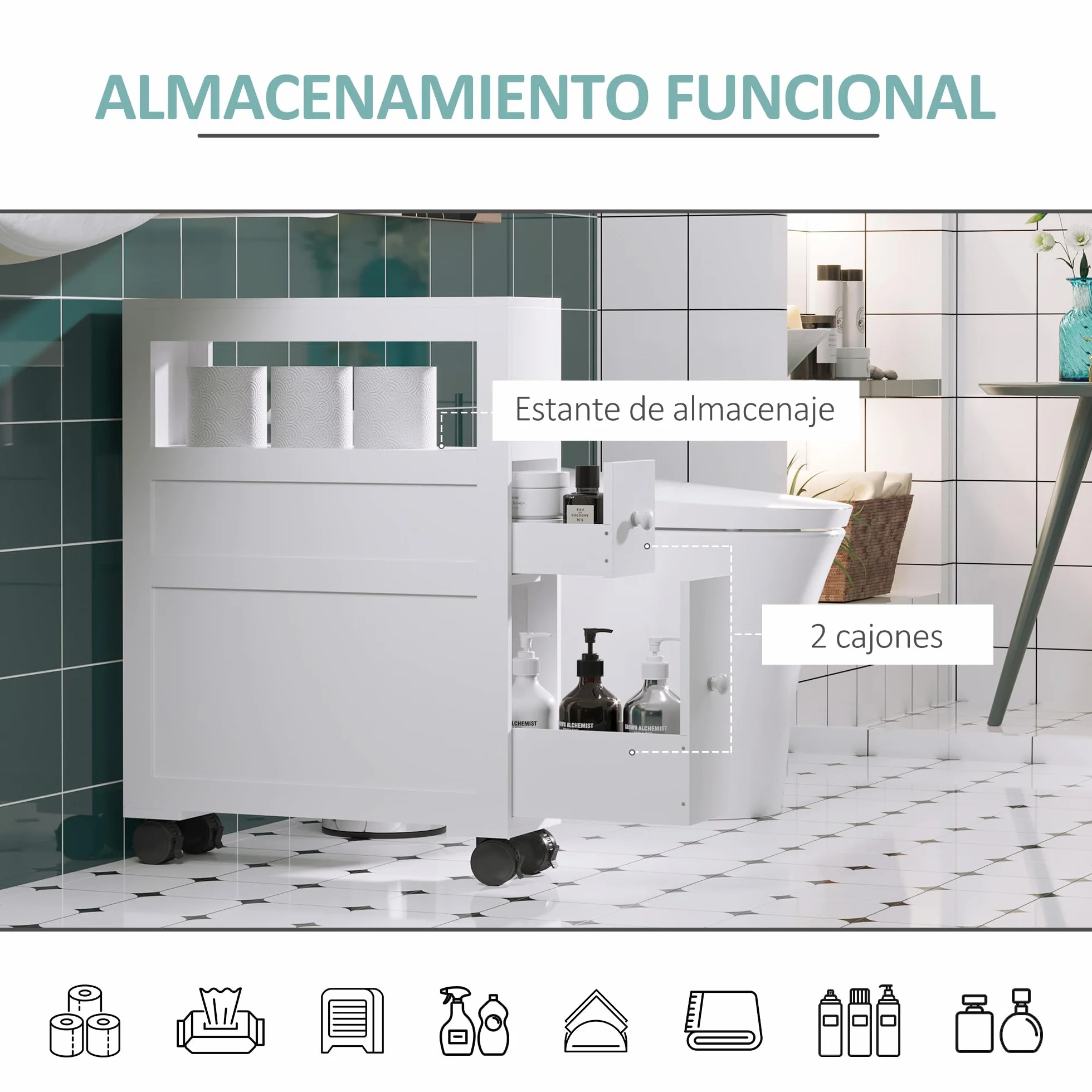 HOMCOM Armario de Baño con Ruedas Mueble de Baño Estrecho con 2 Cajones y Estante de Almacenamiento Carga 20 kg 16x52x71,5 cm Blanco