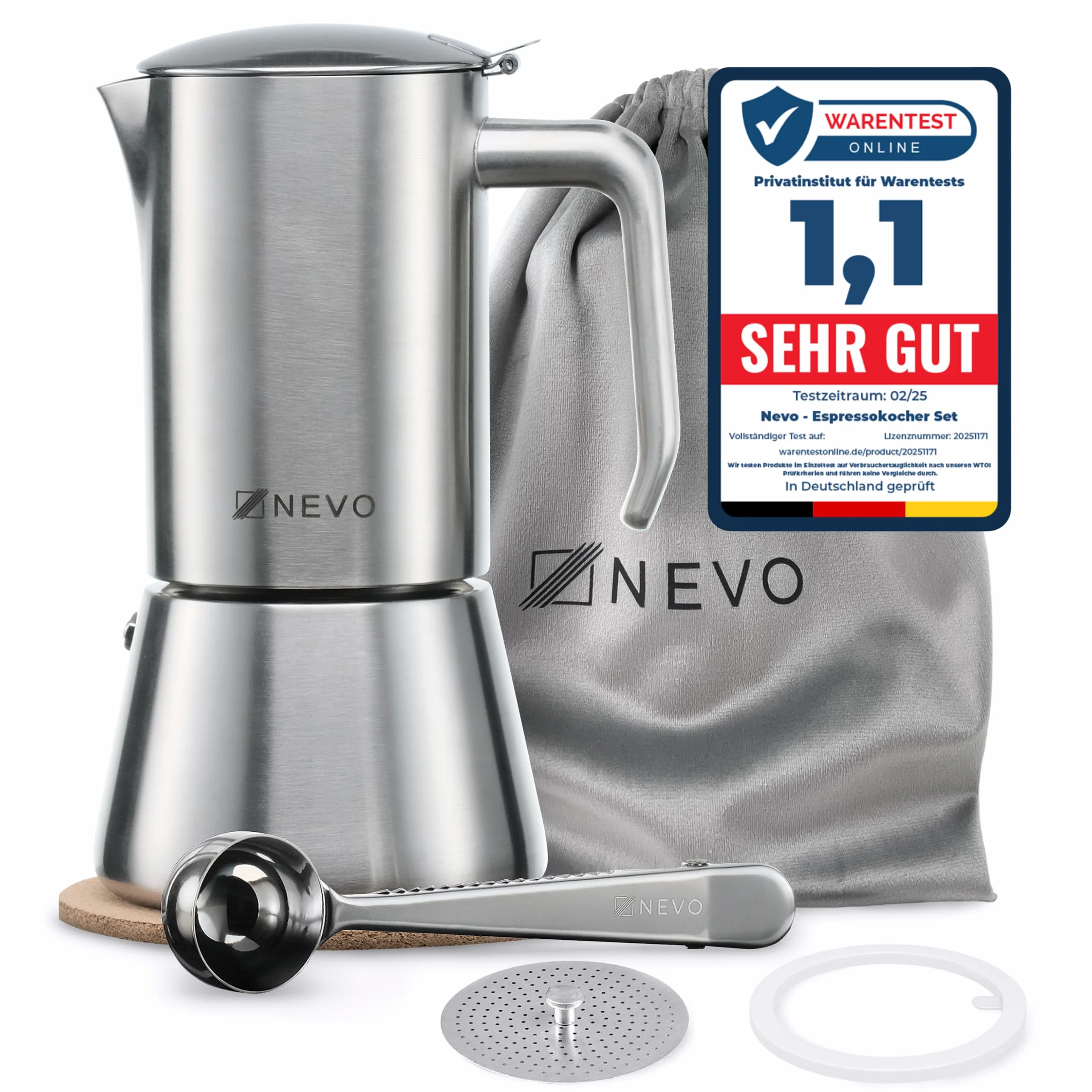 NEVO Cafetera de inducción de acero inoxidable, 6 tazas, libre de BPA y sostenible, para todo tipo de fuegos y camping, apta para lavavajillas, juego premium de cafetera moka – elegante para los
