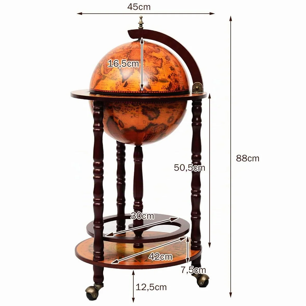 KOMFOTTEU Botellero Bar Globo Terráqueo con Ruedas, Soporte para Botellas de 2 Niveles, Carrito de Bar de Madera, Mueble Minibar para Bebidas, para Restaurante, Fiesta (Marrón, 45 x 45 x 88 cm)
