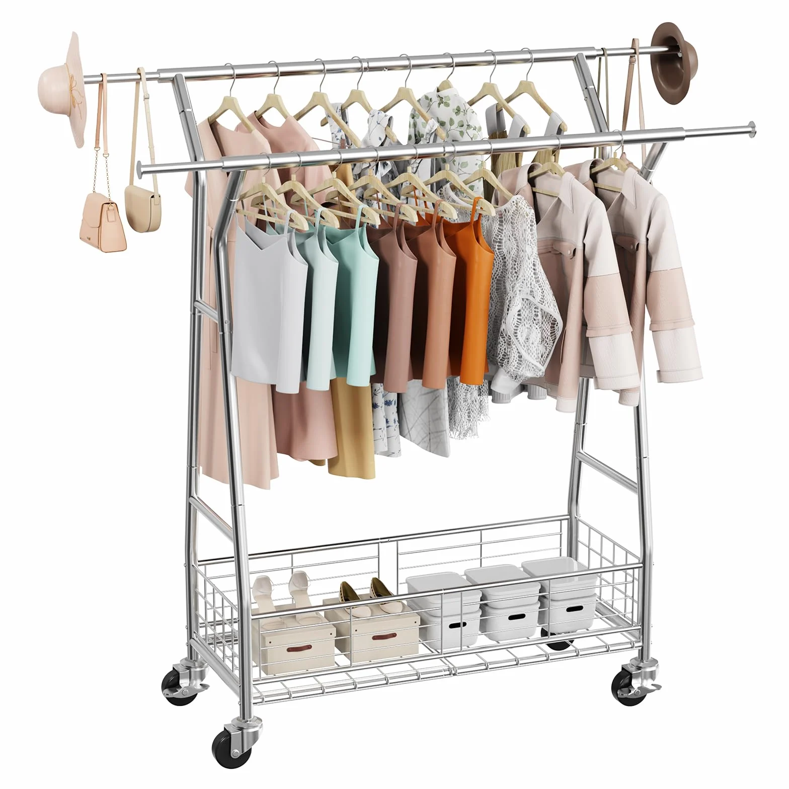 VEVOR Perchero Burro para Ropa 107-166 cm 2 Barras para Colgar y Cesta de Almacenamiento, Burro de Ropa con Ruedas, Carga de 150 kg, de Acero al Carbono, para Dormitorio, Lavandería, Sala de Estar