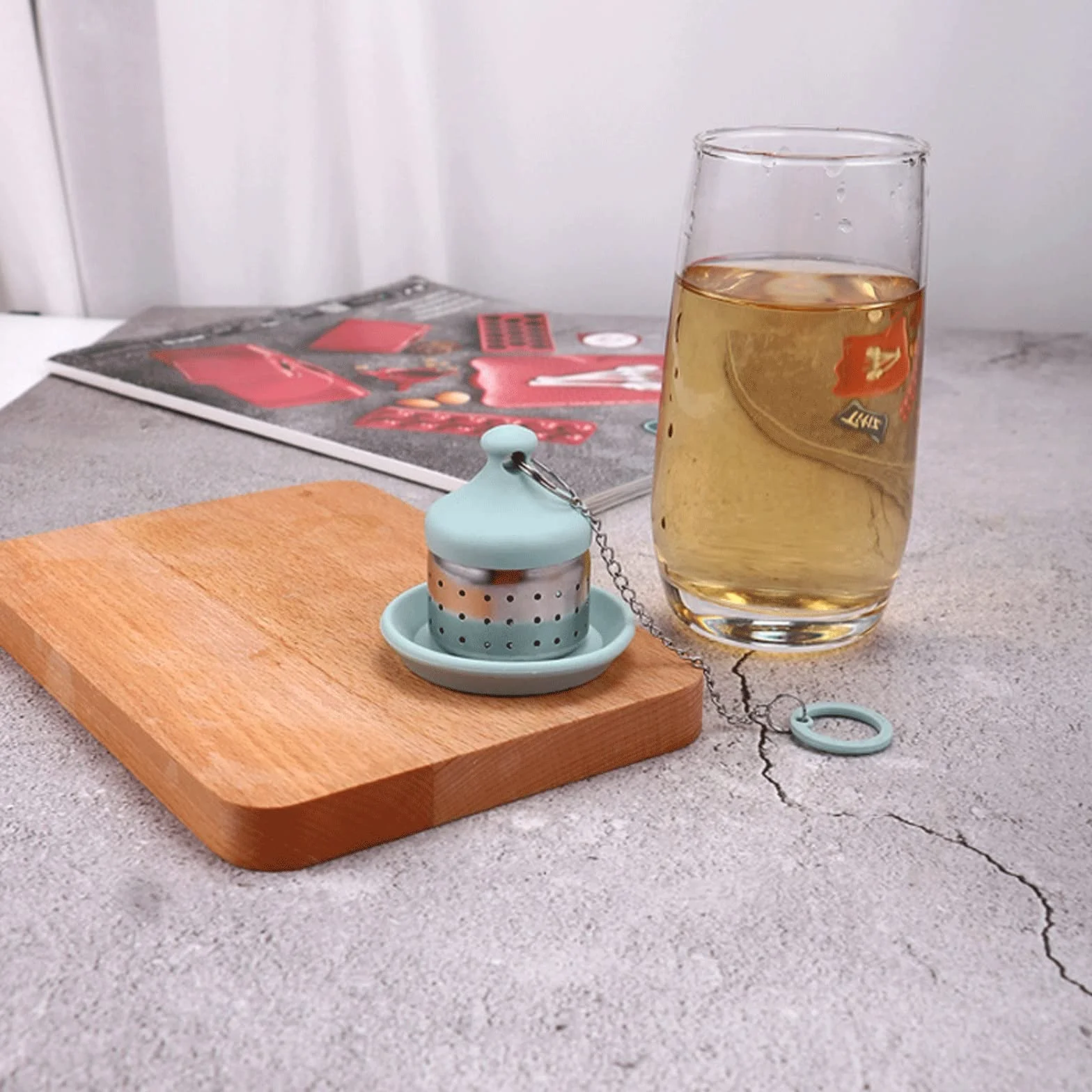 Colador de té creativo con cadena de filtro de té para fugas de té, simple para el hogar, vida en casa, silicona para fugas de té