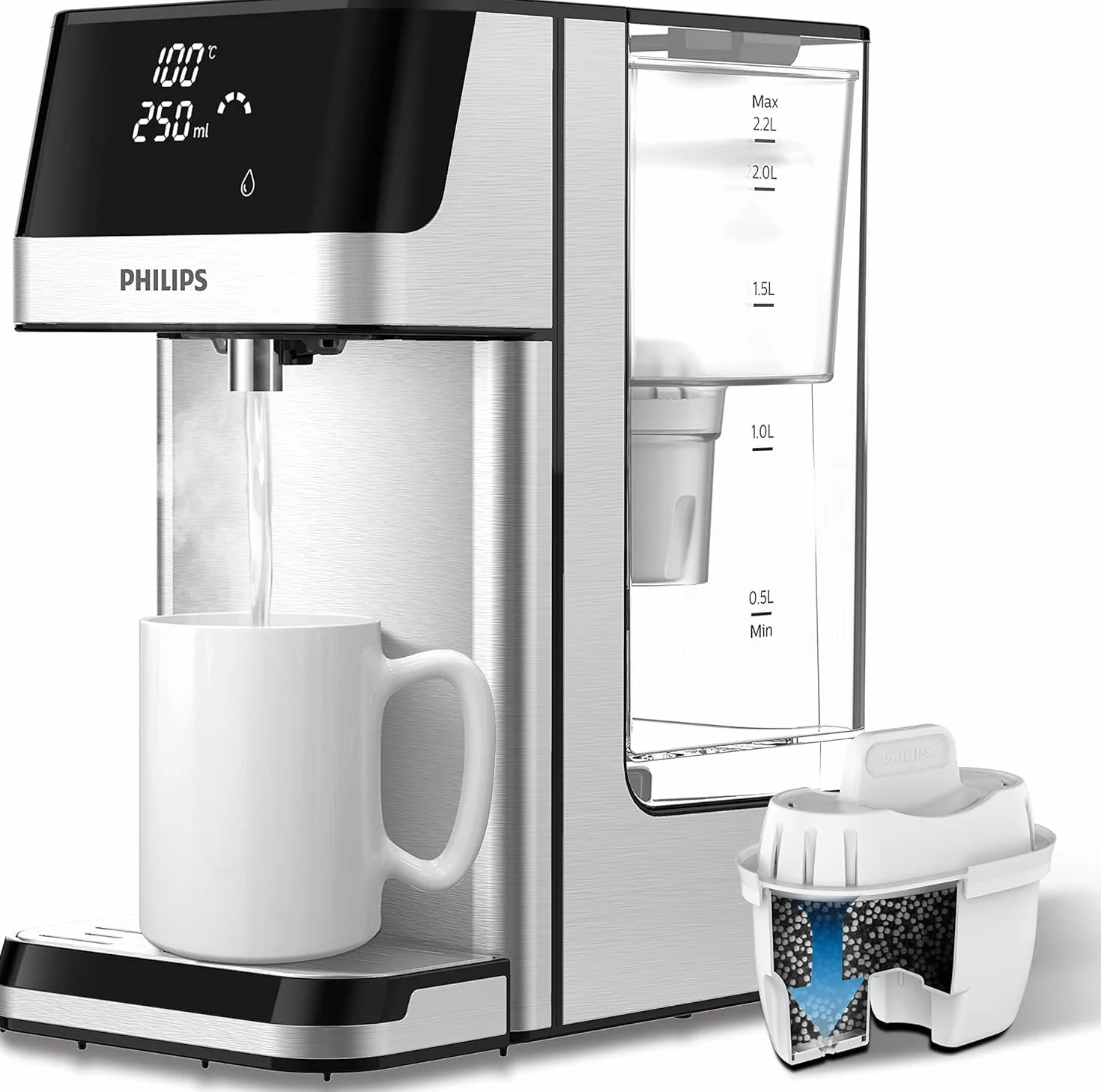 Philips 3100 Series Dispensador de Agua Caliente con Filtración Taste+, Agua Caliente filtrada en Segundos, Reduce el Cloro y la Cal, No Requiere Instalación