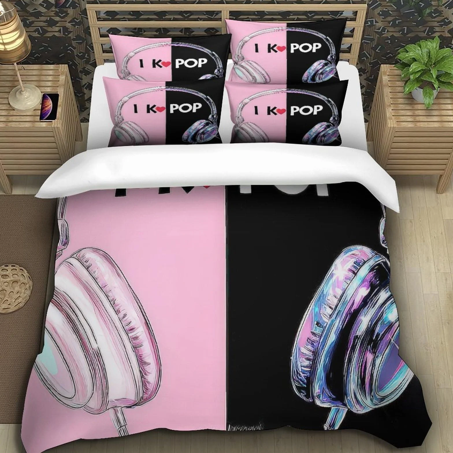Funda Nórdica 3D Impresa K-Pop Música Microfibra Decoración Dormitorio Juego de Ropa de Cama Auriculares Jóvenes Adultos Super King（260x220cm）