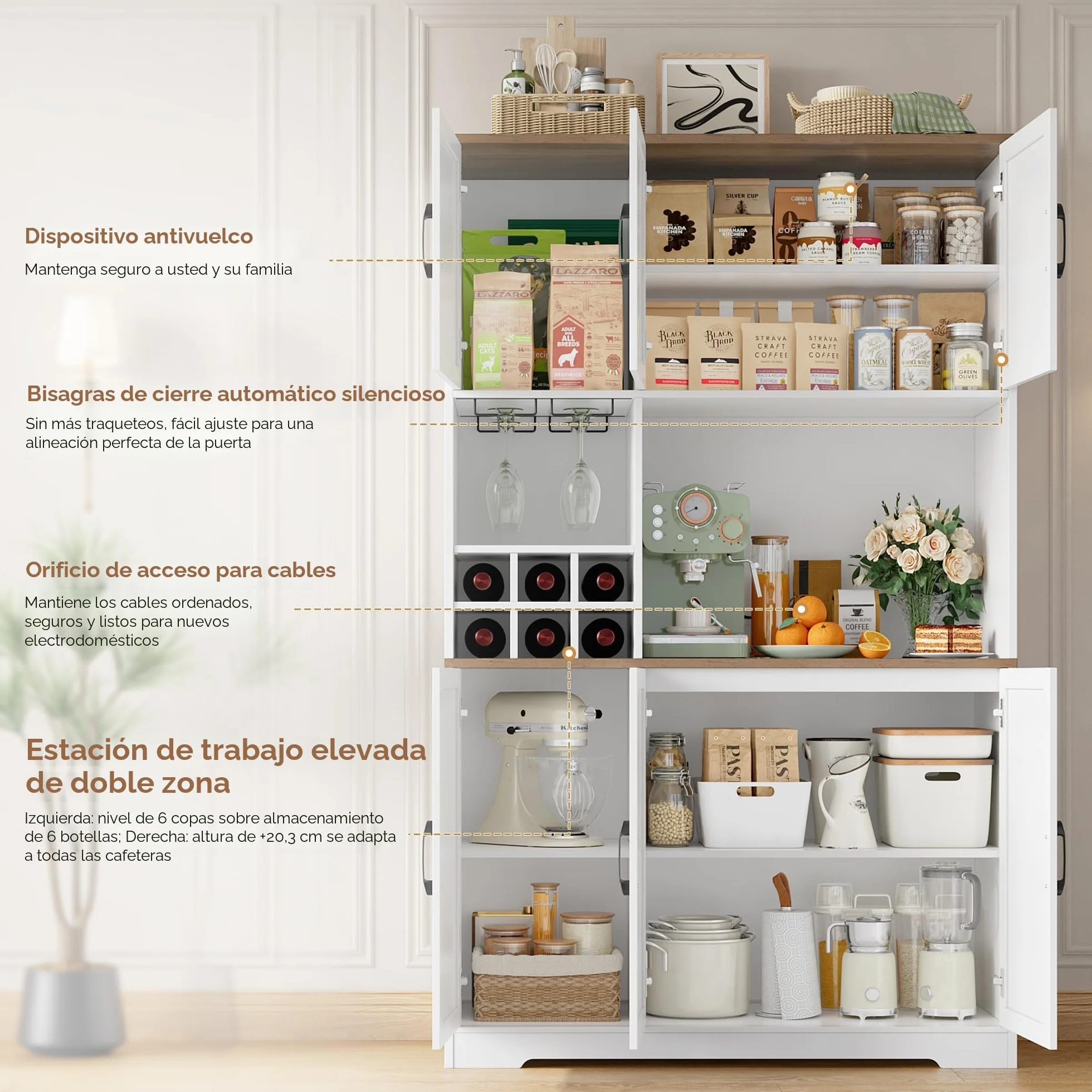 HOCSOK Alacena de Cocina，Armario con 6 Puertas, Soporte para Copas, Botellero Vino, Mueble de Cocina con Soporte para Microondas, para Comedor Y Sala De Estar, Blanco, 106x37x180 cm