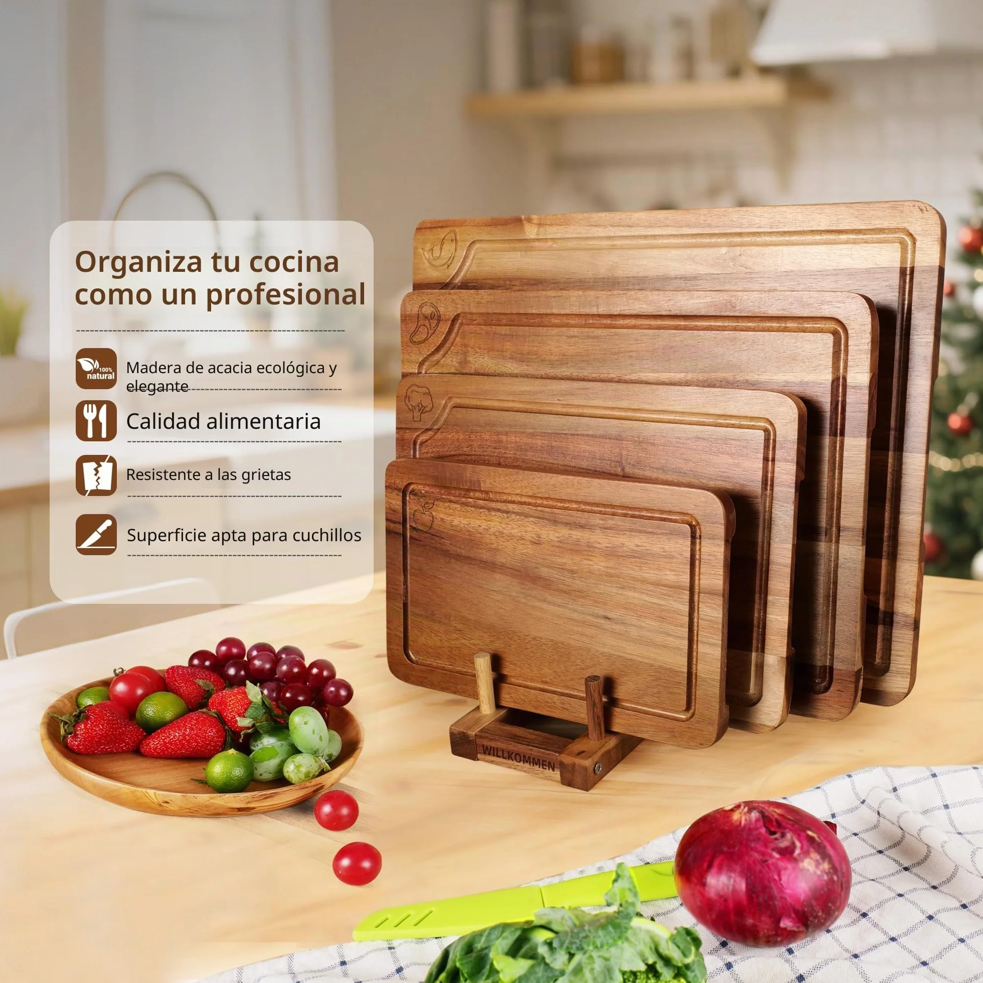 Juego de 4 Tablas de Cortar Acacia Madera Maciza con Canal Antiderrames para Cocina
