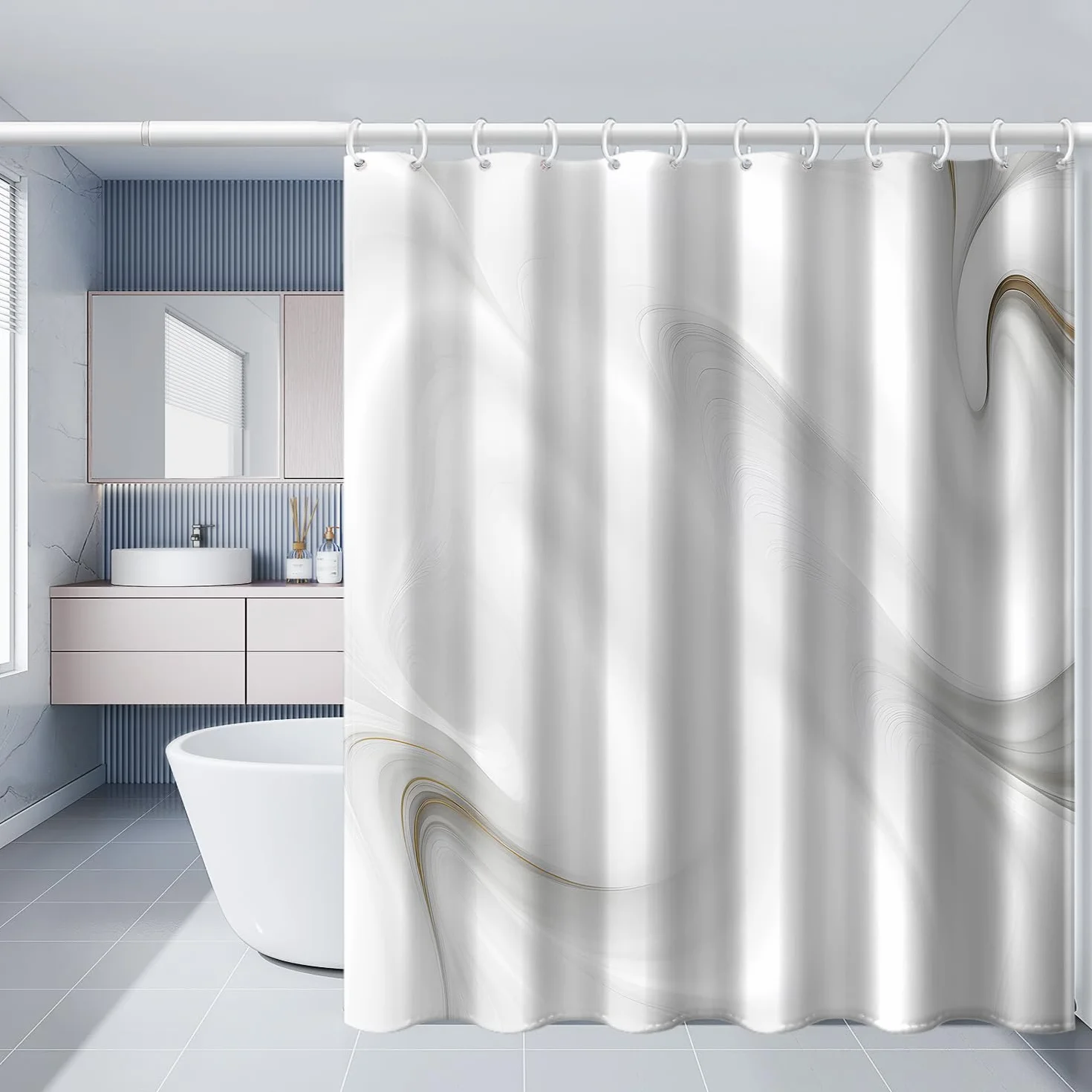 Cortina de ducha impermeable de mármol blanco y gris, tela de poliéster a prueba de moho para decoración de baño, uso en todas las estaciones, 145 x 213 cm, elegante y diseño
