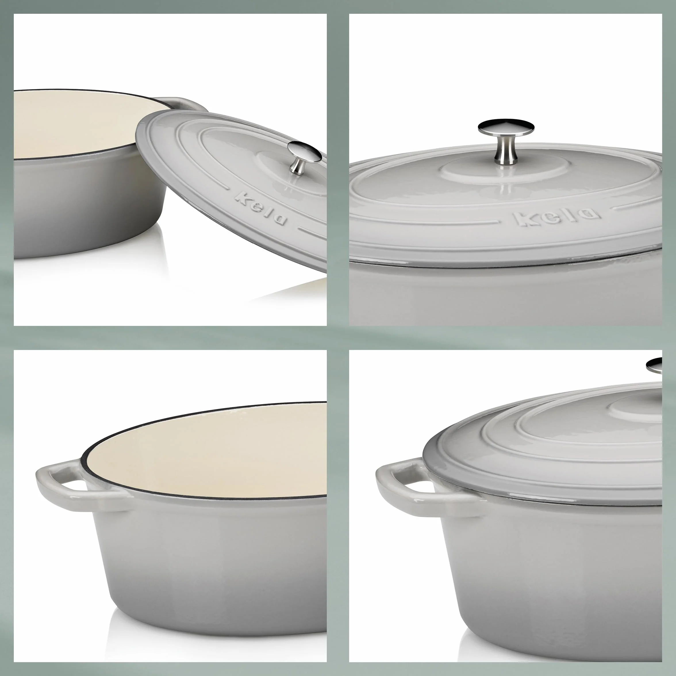Kela Asador de Hierro Fundido Ovalado 6 Litros, Dutch Oven CALIDO, Asador de Inducción con Tapa, Olla de Hierro Fundido para Hornear Pan, Esmaltada, Gris Claro