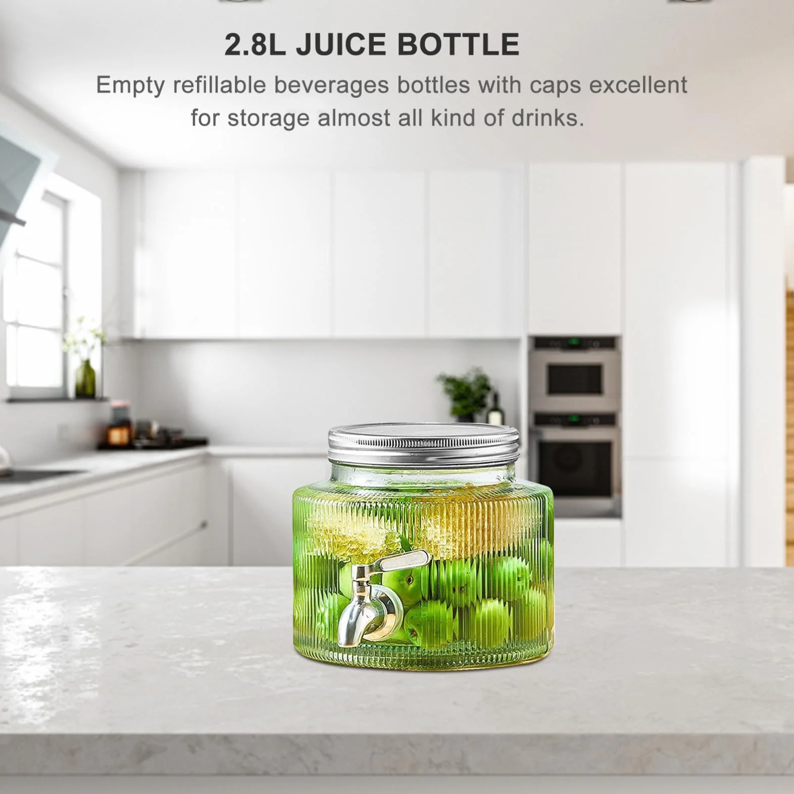 Dispensador de Bebidas y Diseño Único de Vidrio de 2,8l con Grifo con Tapa Sellada Adecuado para Servir Cócteles y Limonada en Reuniones