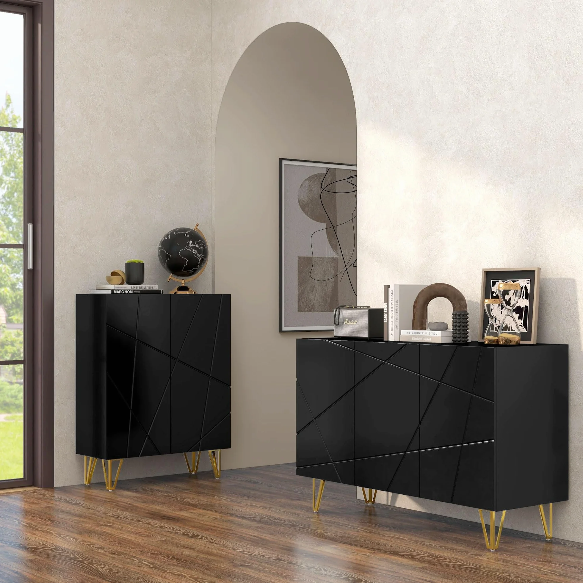HOMCOM Aparador para Salón Aparador de Entrada con 3 Puertas y Estantes Ajustables Armario de Almacenamiento para Cocina Sala 120x40x75 cm Negro Brillo