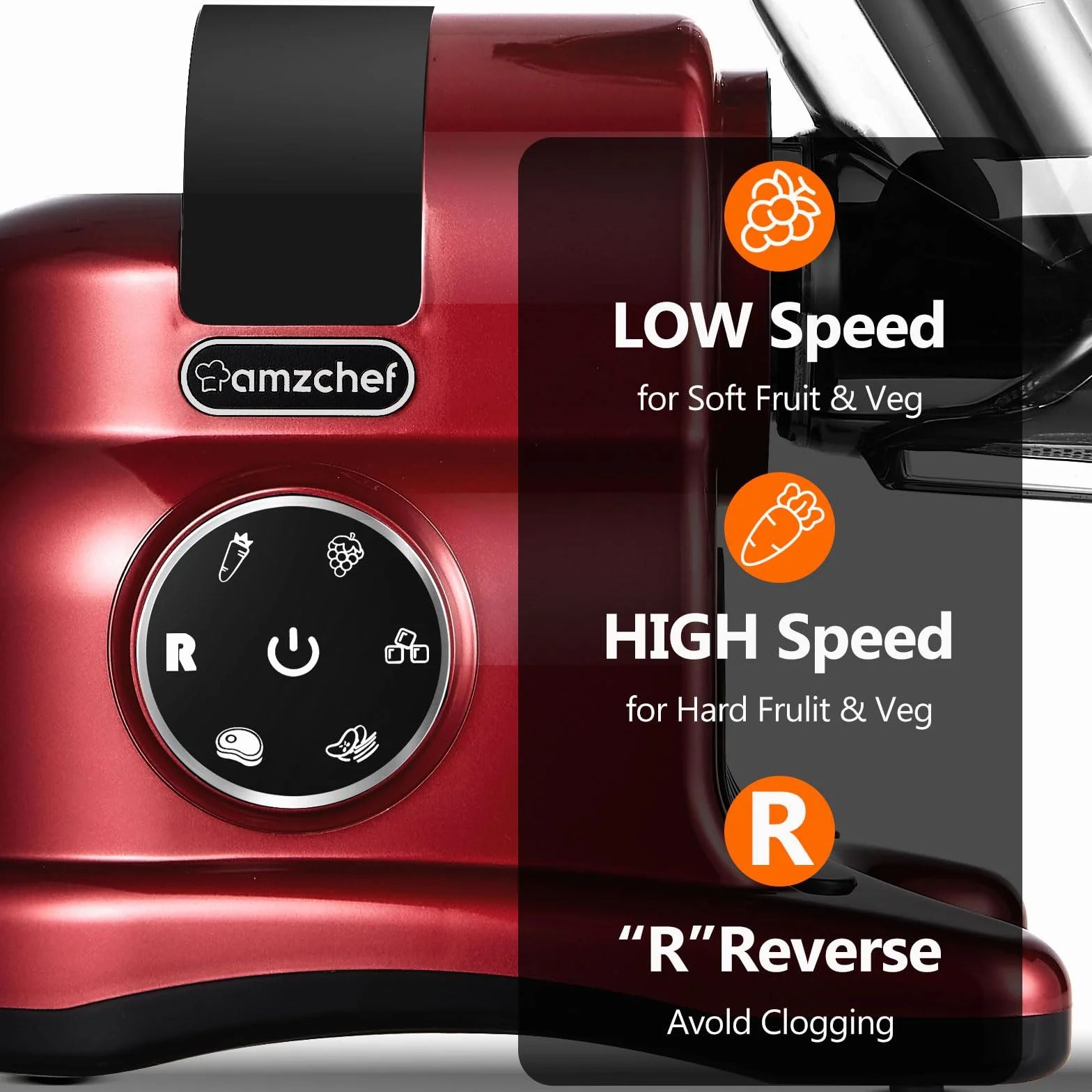 AMZCHEF 80MM Exprimidor grande - exprimidor lento con 2 velocidades y función de rebobinado - Exprimidor de 150 W para verduras y frutas enteras Test Winner -Rojo