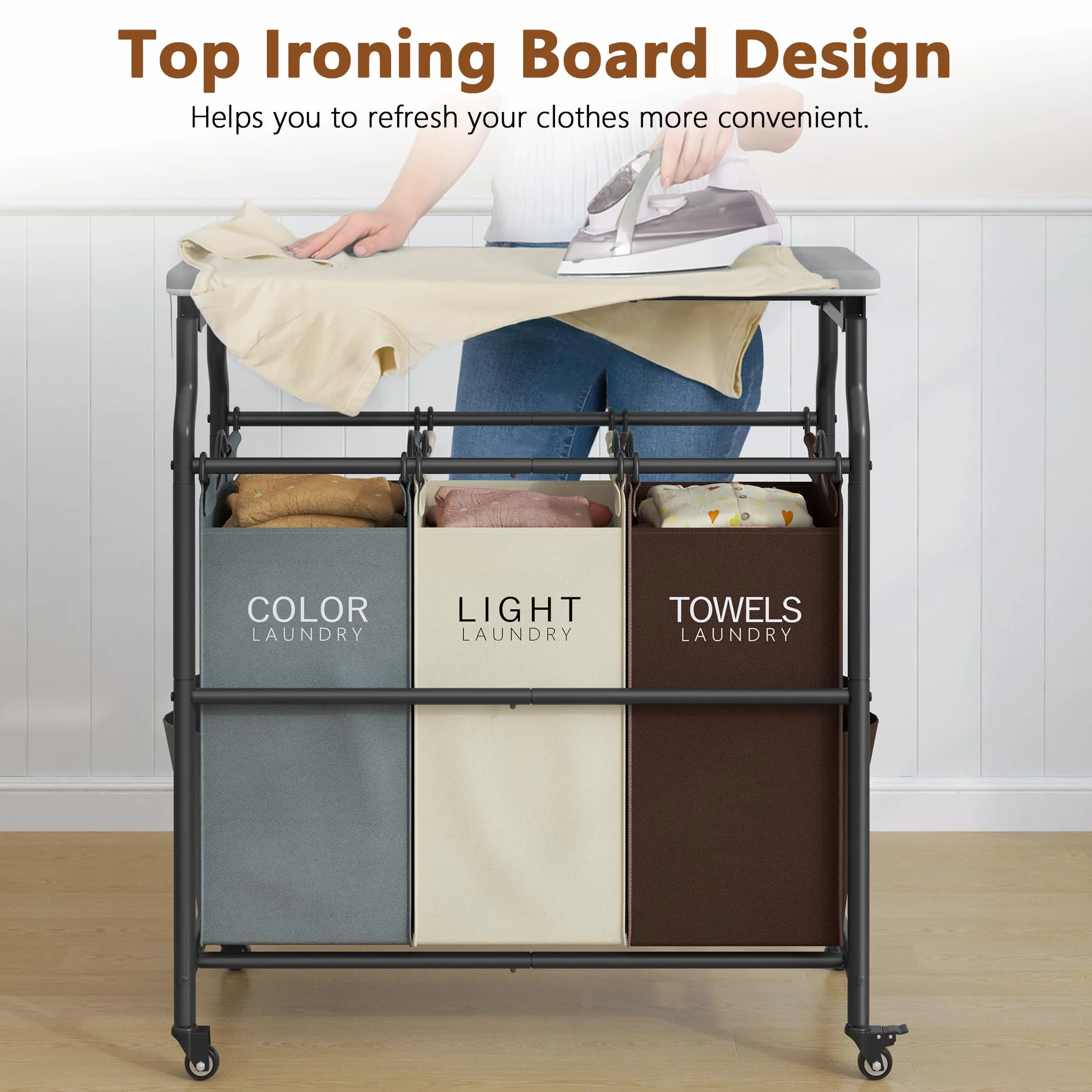 Hoctieon Clasificador de ropa sucia de 3 secciones con tabla de conexión, cesta con ruedas | Con tabla de planchar, cesta con estante y ruedas, organizador de ropa resistente, separador de ropa grande