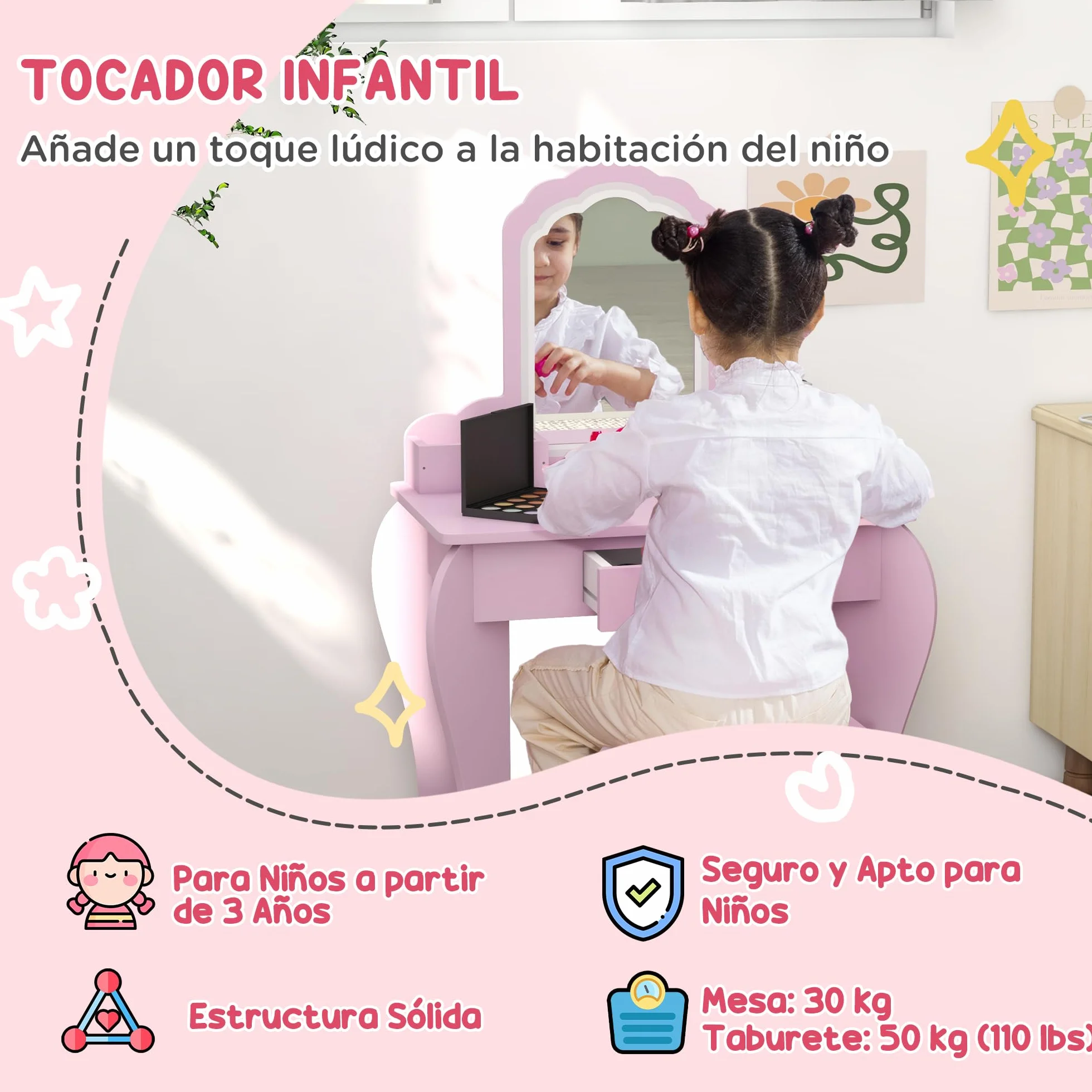 ZONEKIZ Tocador Infantil Mesa de Maquillaje con Taburete y Espejo para Niñas +3 Años Rosa