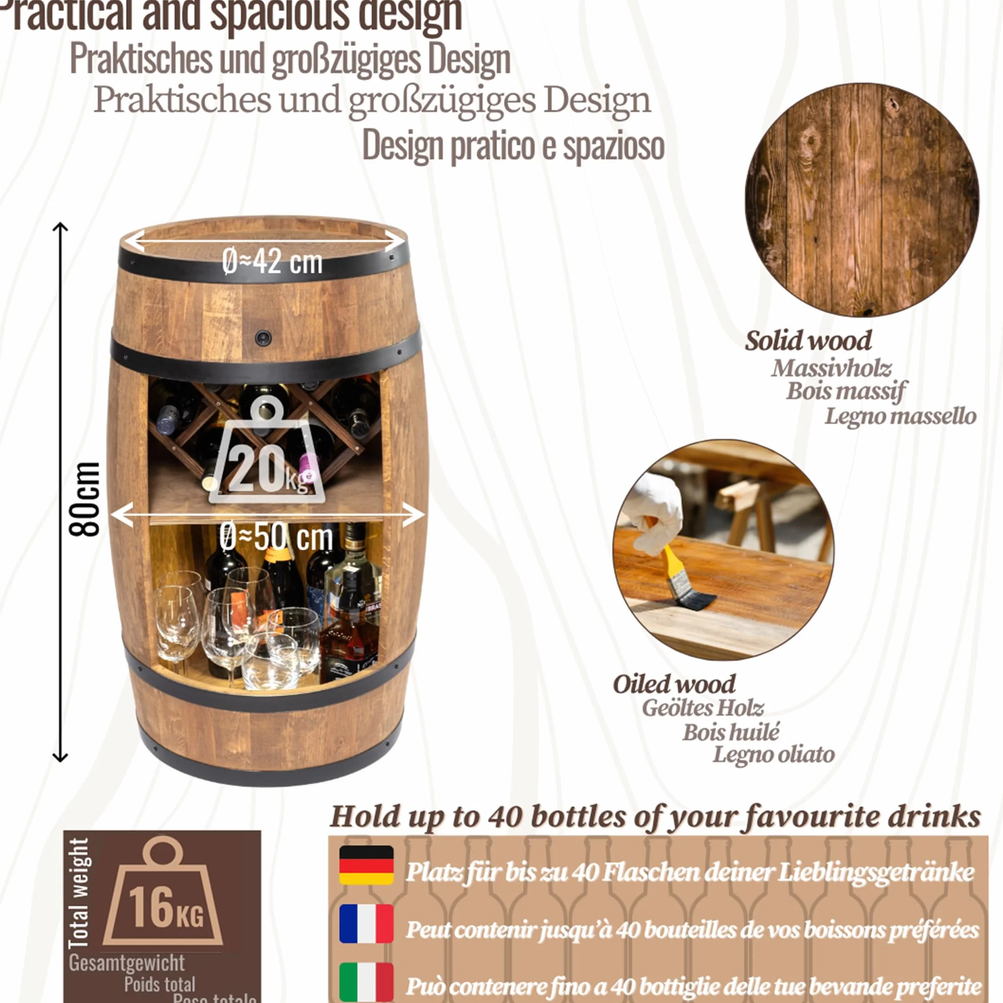 CREATIVE COOPER Barril con soporte para vino – Armario LED – Barril de madera – Bar de casa – 80 x 50 cm – Decoración rústica – Armario (marrón oscuro)
