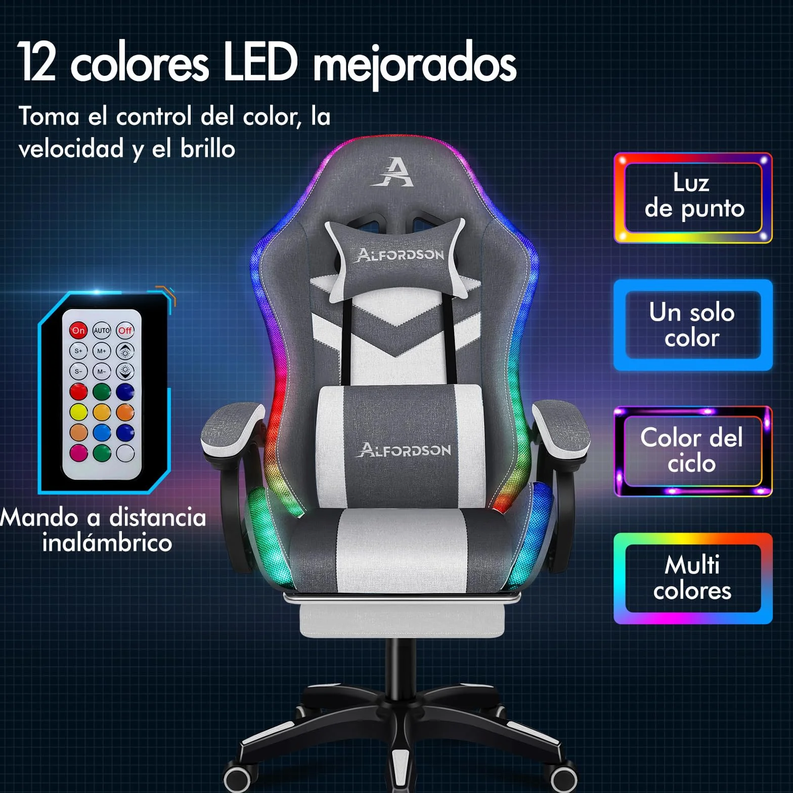 ALFORDSON Silla Gaming con Masaje y LED, Silla Gamer Ergonómica con Cojín Lumbar y Cervical, Reposapiés Telescópico, Iluminación para Ordenador, Videojuego, Juegos, Oficina, Lino(Gris con Splicing)