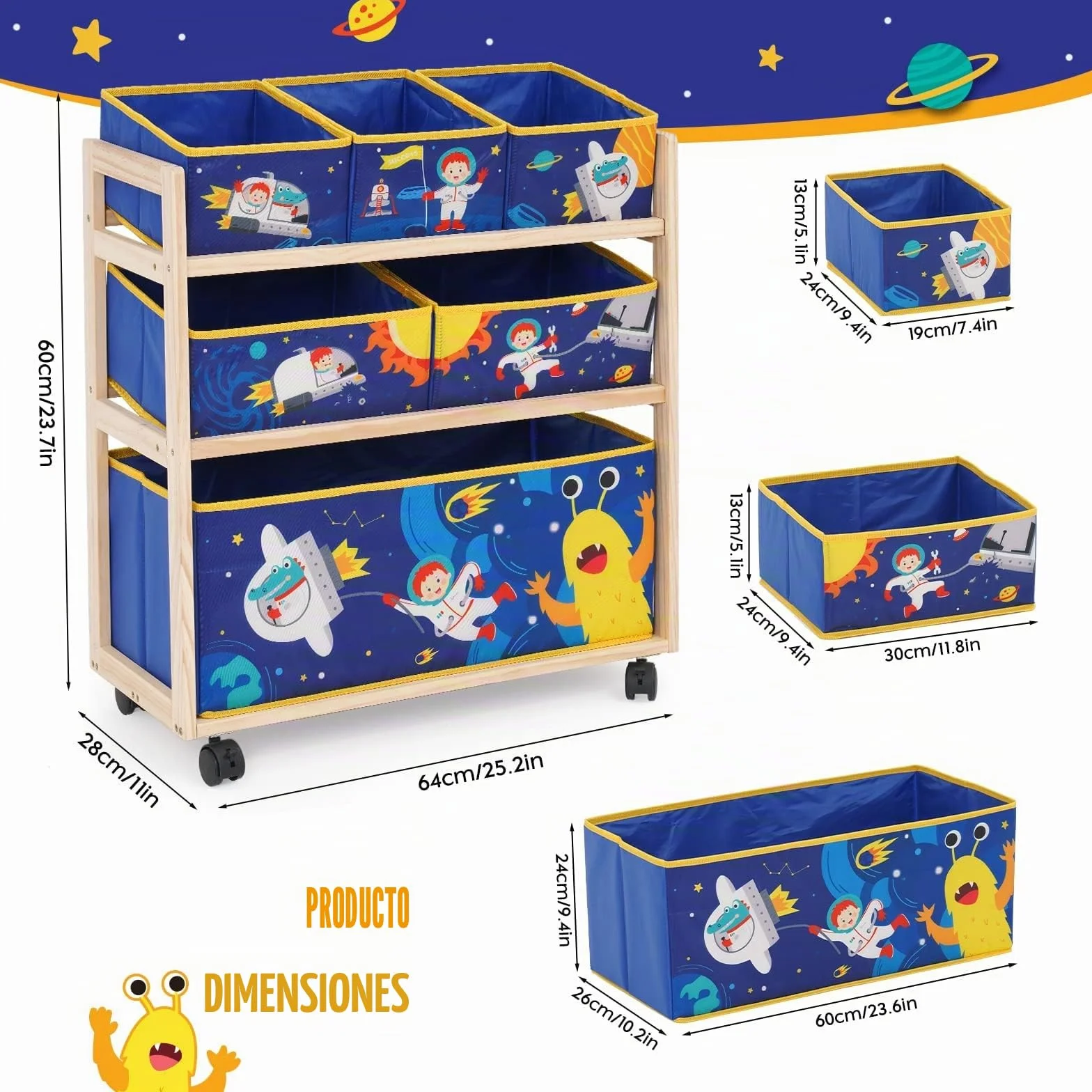 NUKied Estantería Infantil para Juguetes y Libros con Ruedas,6 Cajas de Tela no Tejida Extraíbles, para Sala de Juegos,Escuela, 64x 28 x 60 cm,Patrón Pequeño Monstruo