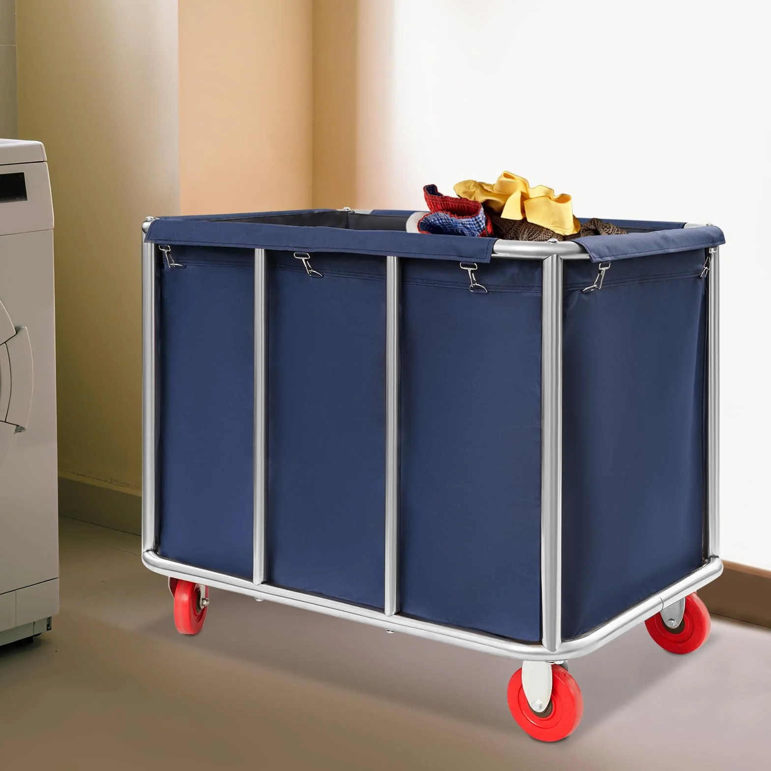 Carro de lavandería comercial de acero inoxidable con ruedas, capacidad de carga de hasta 199 kg, con cubierta Oxford recubierta de PVC, para hotel, hospital, hogar (90 x 65 x 80 cm), color