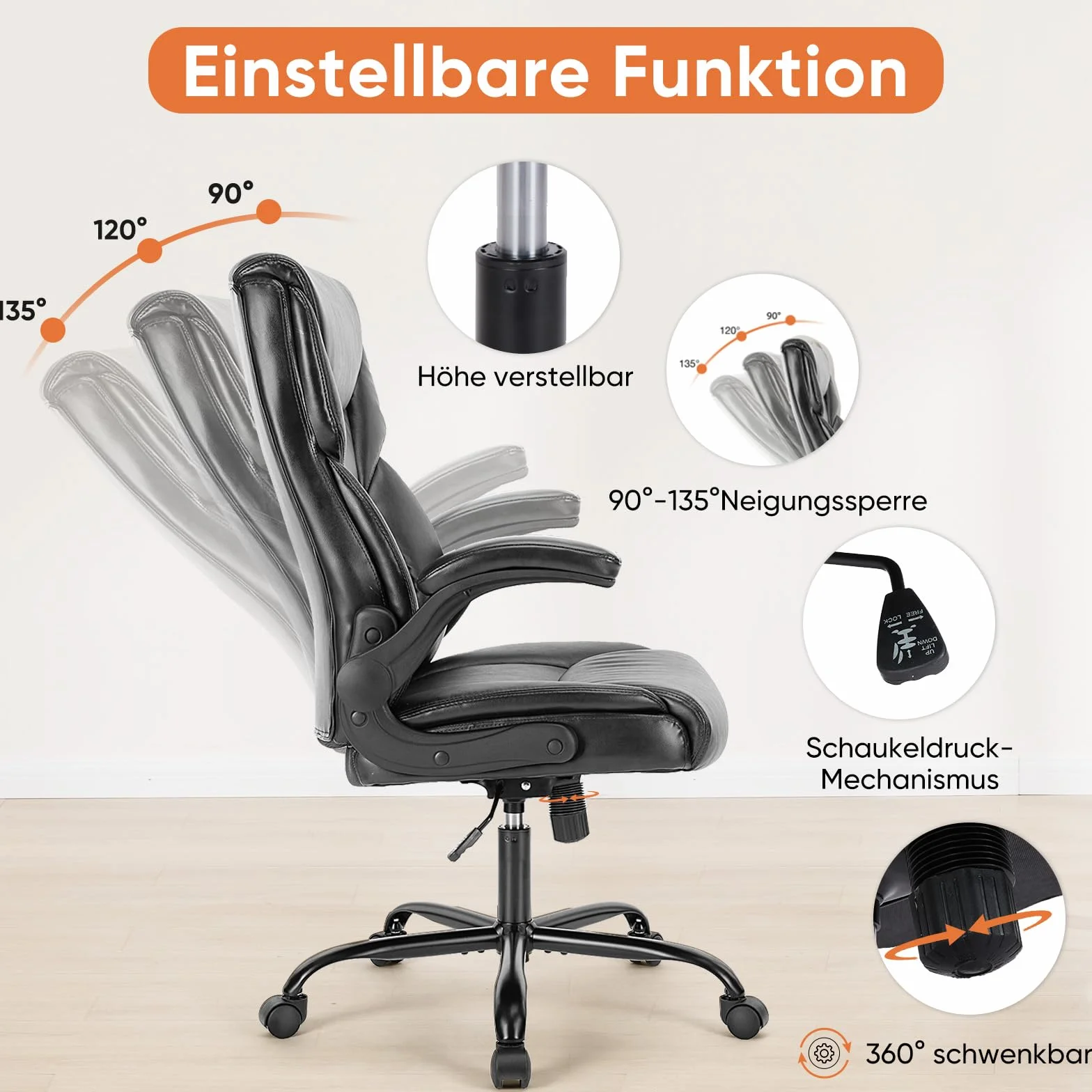 Sweetcrispy Silla de Oficina ergonómica de Piel sintética con reposabrazos Plegables, ergonómica para Ordenador con Respaldo Alto, para Videojuegos, para el Trabajo, Descanso, Color Negro