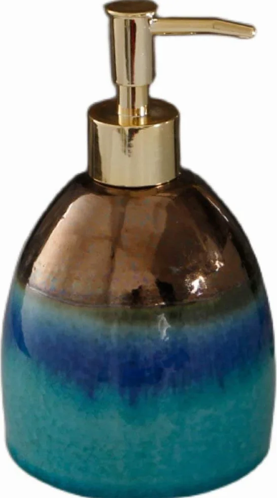 Art - Dispensador de jabón para baño, cocina, hotel, dispensador de jabón para baño, diseño retro de rayas degradadas verde azulado, botella de loción de cerámica, dispensador de jabón de