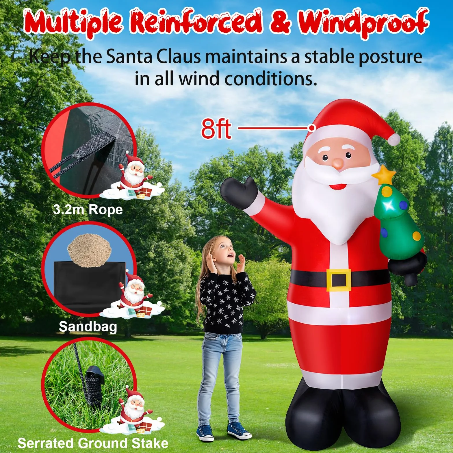 Papá Noel Inflable, 244cm Santa Claus Hinchable con Luces LED, Inflador Eléctrico Decoración Navideña para Interiores Exteriores, IP44 Impermeable -1000mAh/12W