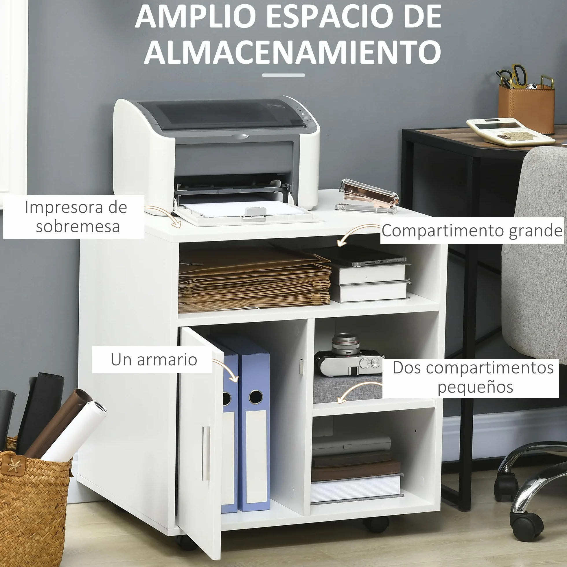 HOMCOM Mueble con Ruedas para Impresora Armario de Oficina Multifuncional con Estantes con Amplio Espacio de Almacenaje 60x50x65,5 cm Blanco