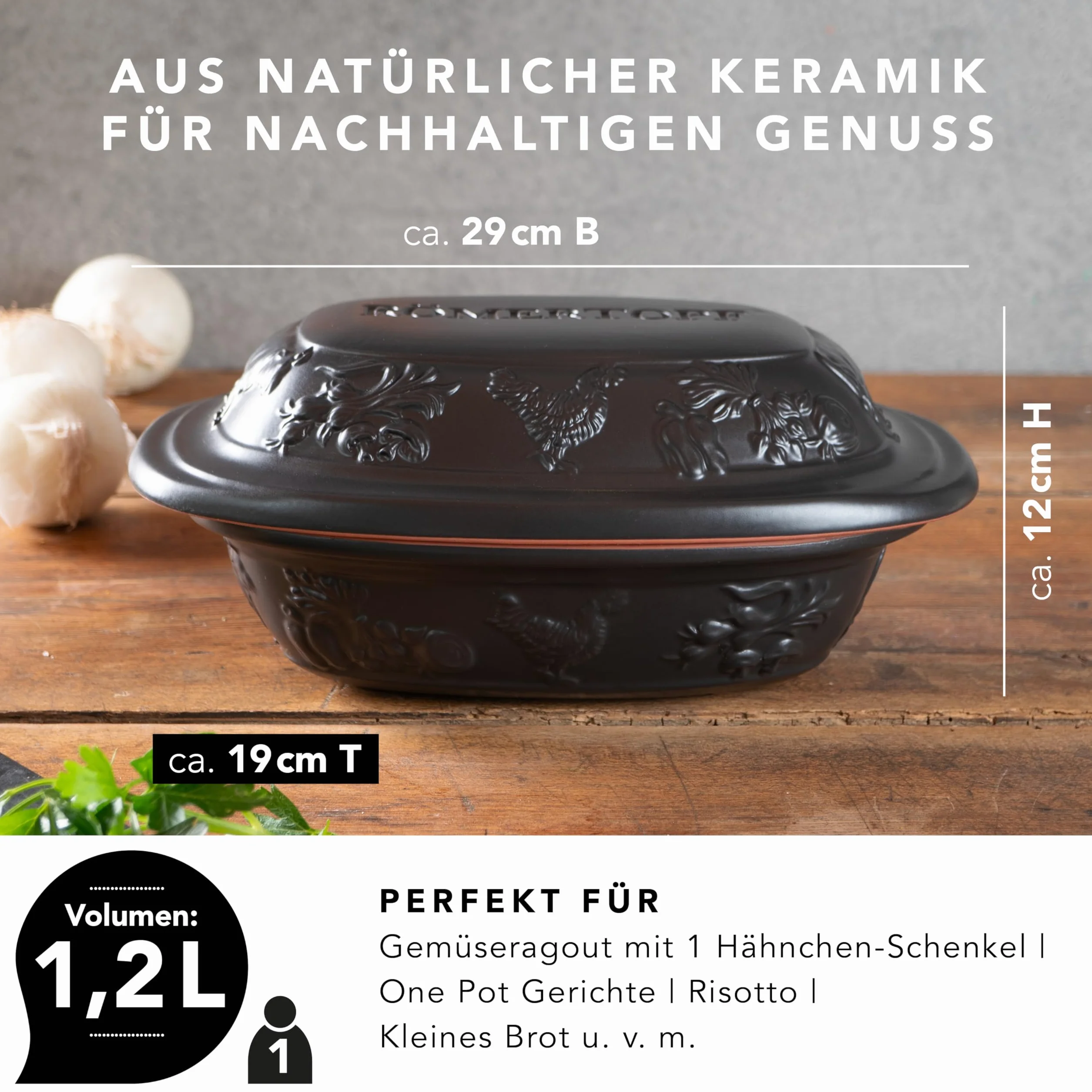 Römertopf RUSTICO – Cazuela individual de cerámica con tapa, 1,2 L para 1 persona, para guisar y asar, apta para horno y lavavajillas, negro