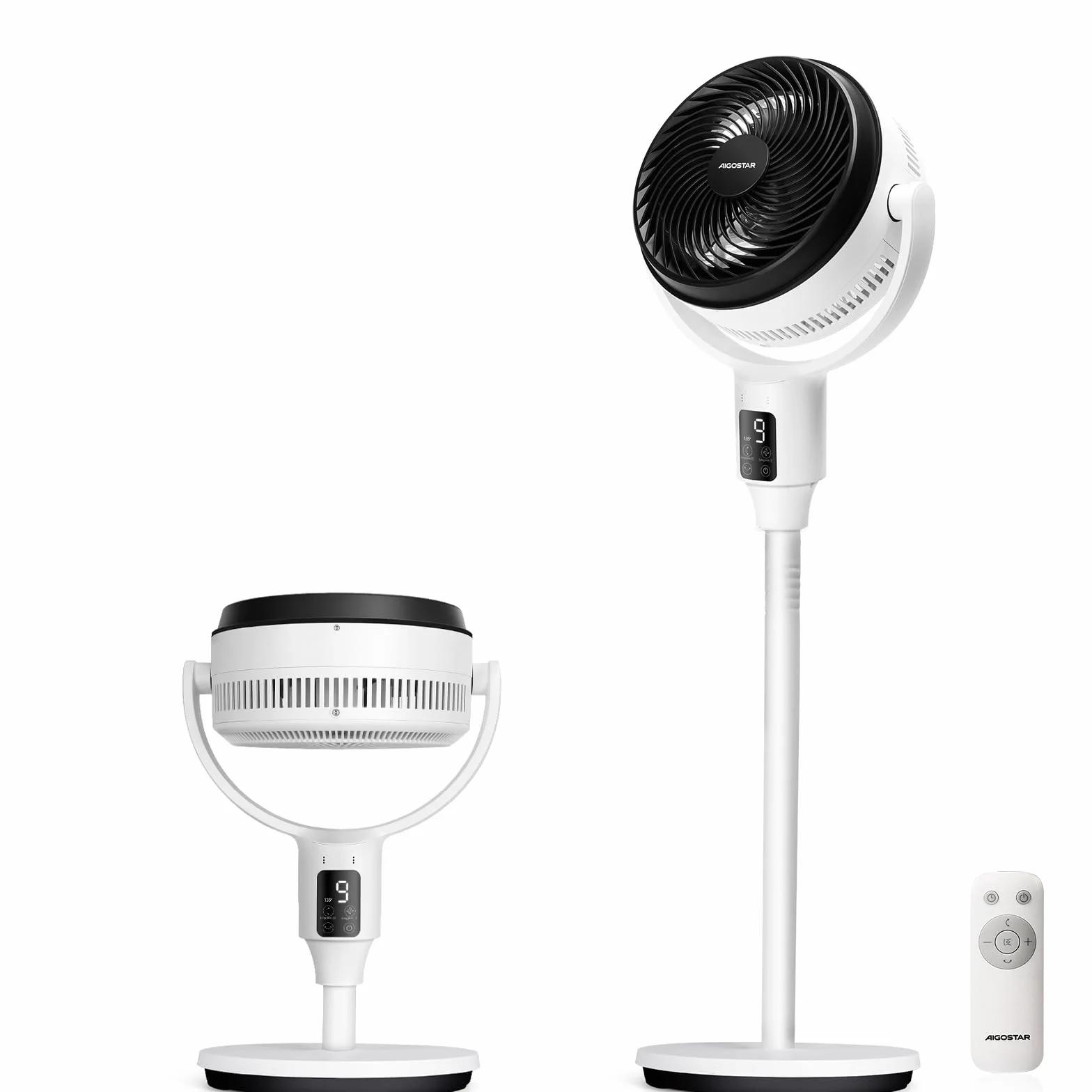 Aigostar Ventilador de Pie Silencioso 23dB con Mando, Motor DC, 24W Circulador Ventiladores Bajo Consumo, Oscilación 135°+85°, 9 Velocidades y Temporizador 9 H, Función de aromaterapia, Blanco Airflow